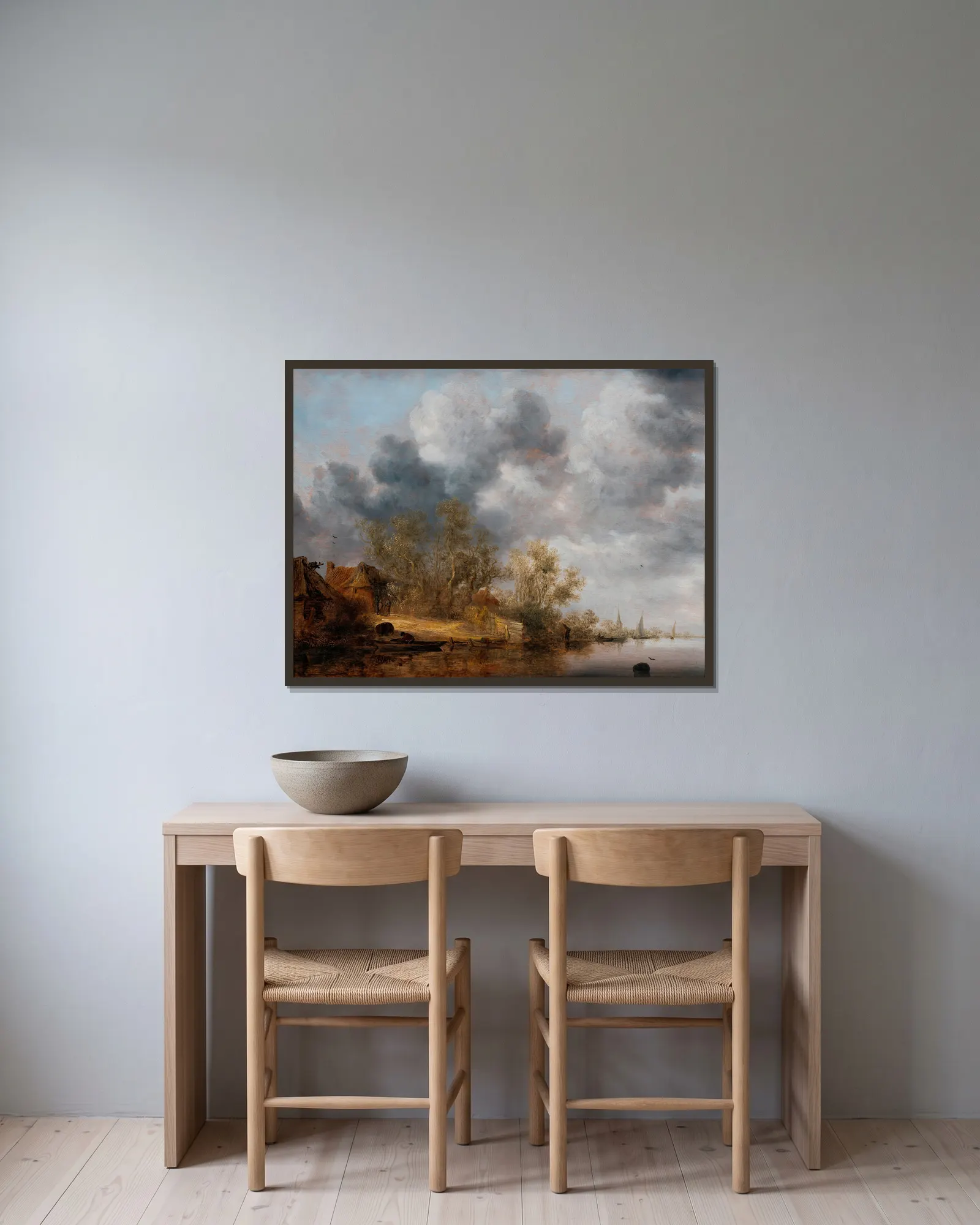 A Dutch Riverbank av Salomon van Ruysdael inramad på en vägg