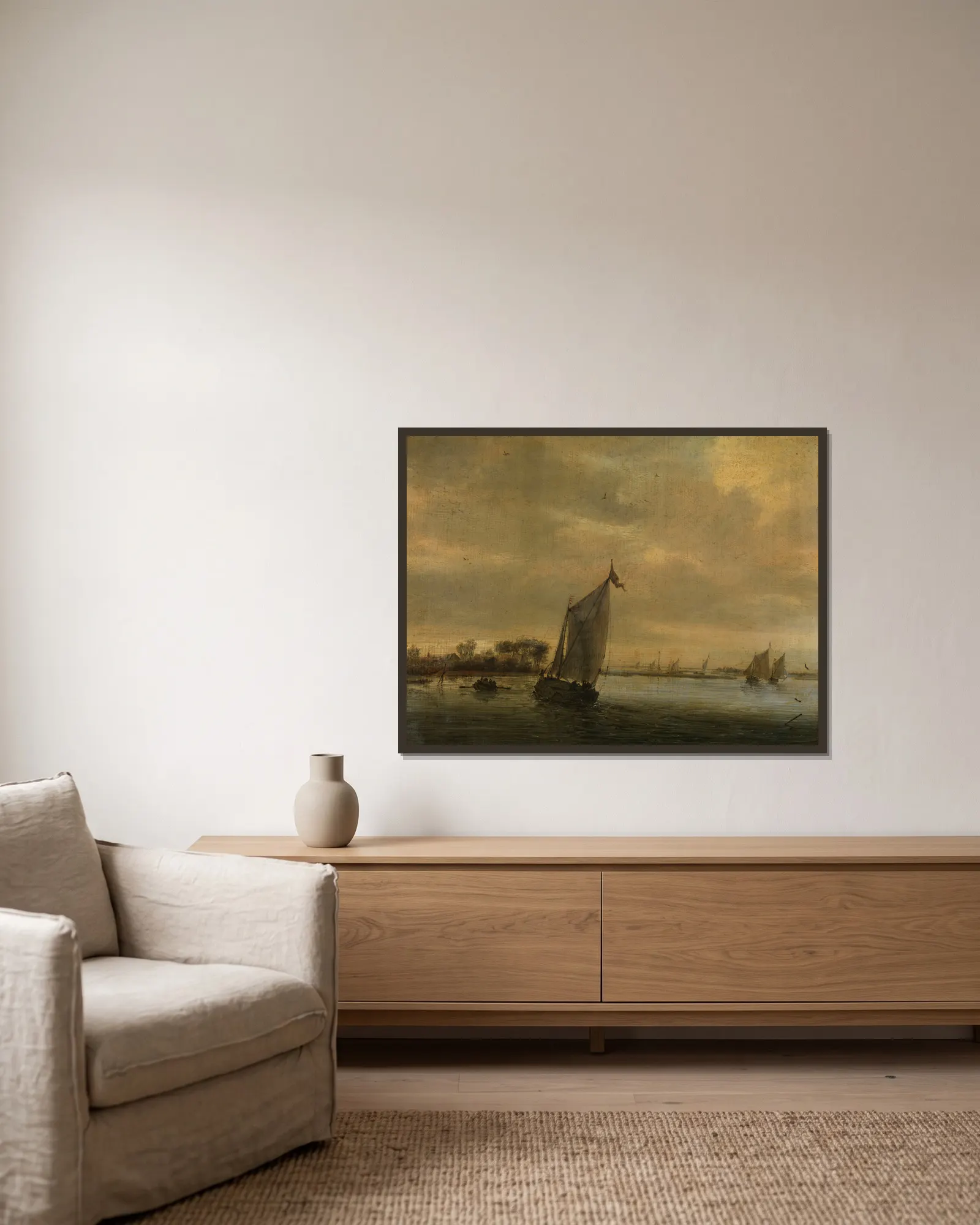 Calm Water av Salomon van Ruysdael inramad på en vägg