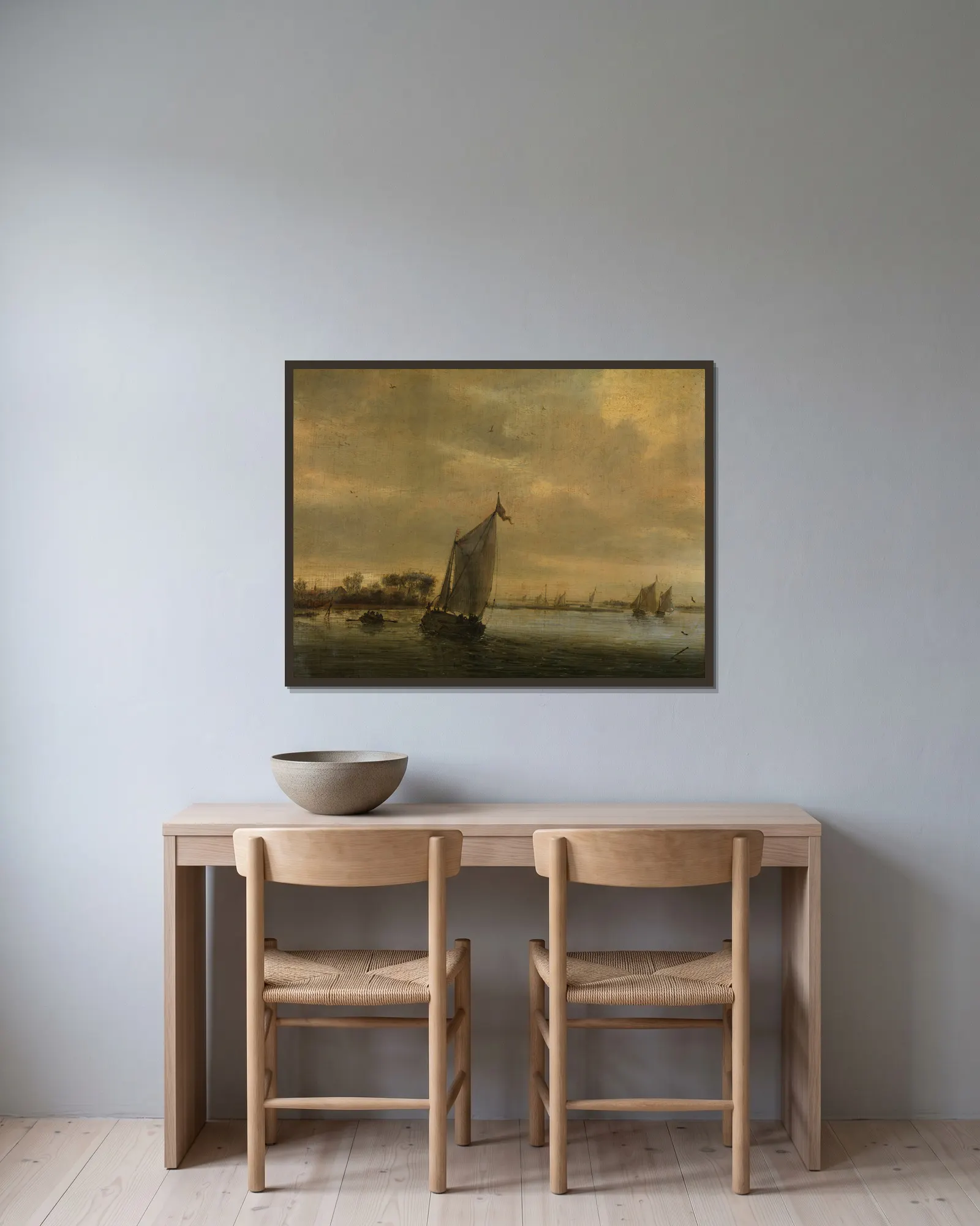 Calm Water av Salomon van Ruysdael inramad på en vägg