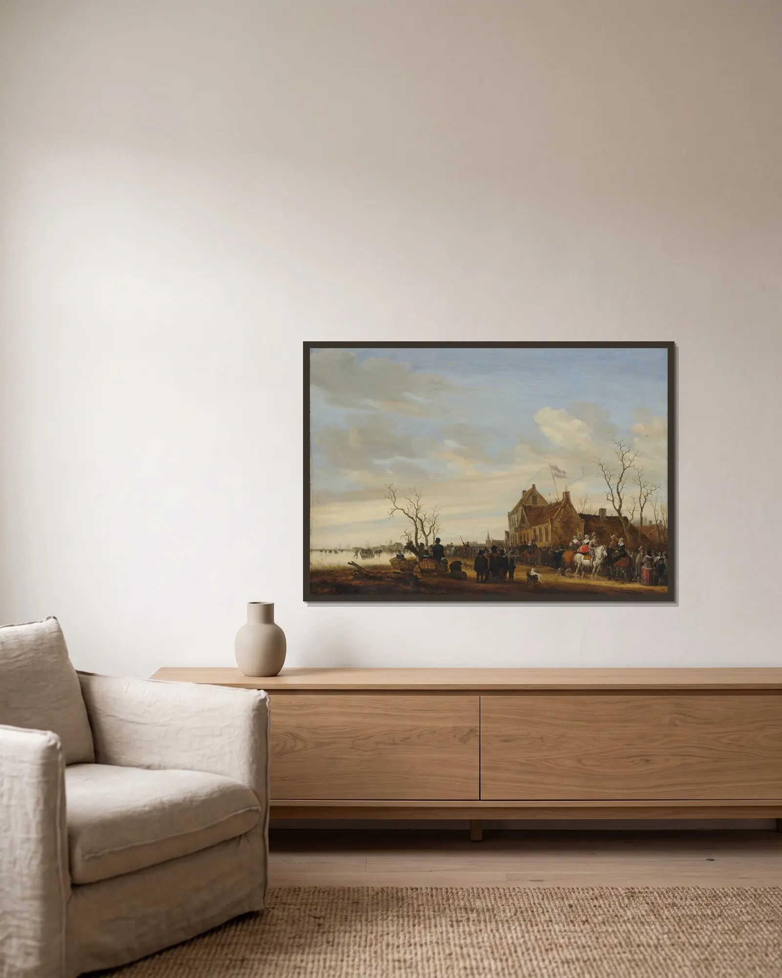 Drawing the Eel av Salomon van Ruysdael inramad på en vägg