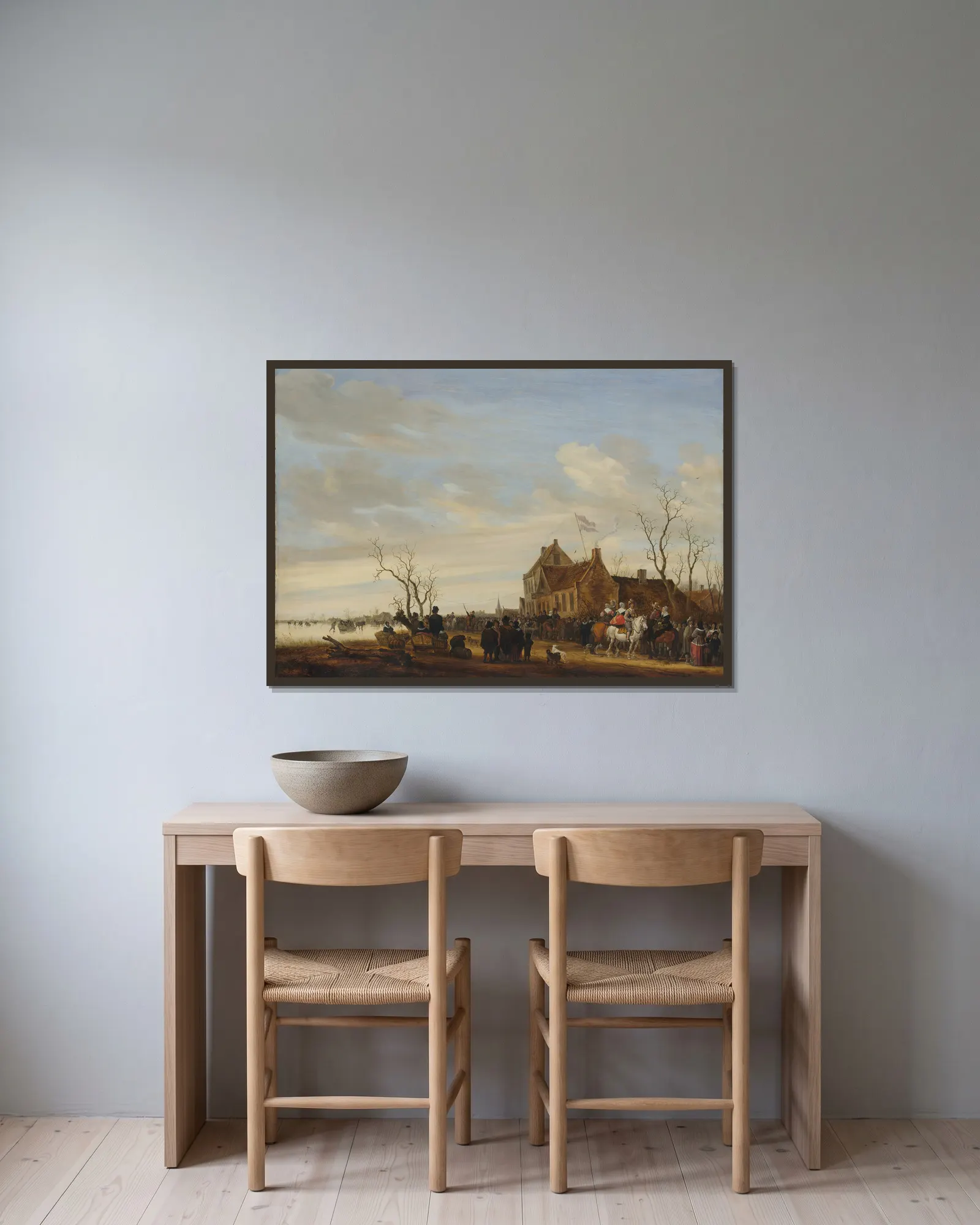Drawing the Eel av Salomon van Ruysdael inramad på en vägg