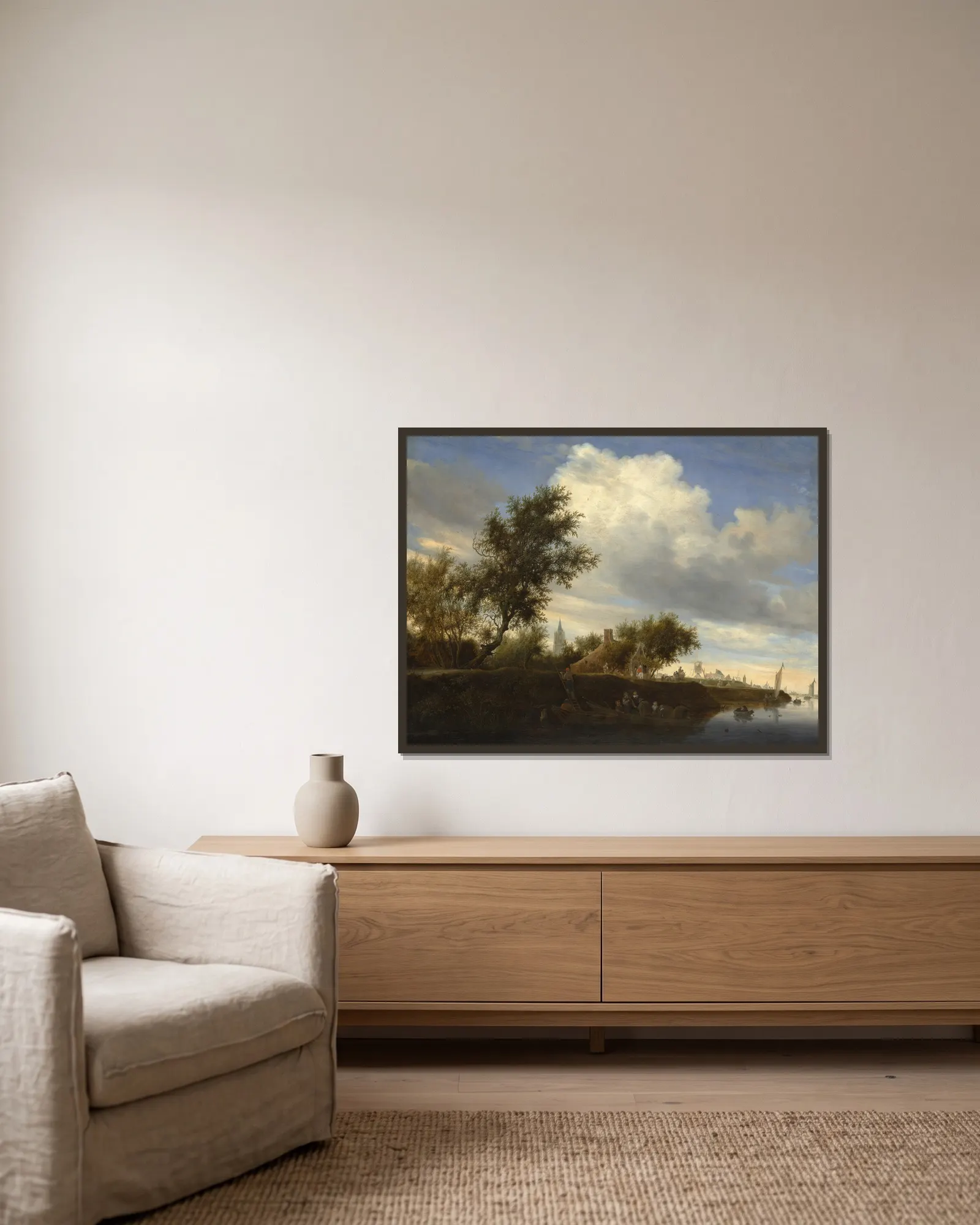 Ferry near Gorinchem av Salomon van Ruysdael inramad på en vägg
