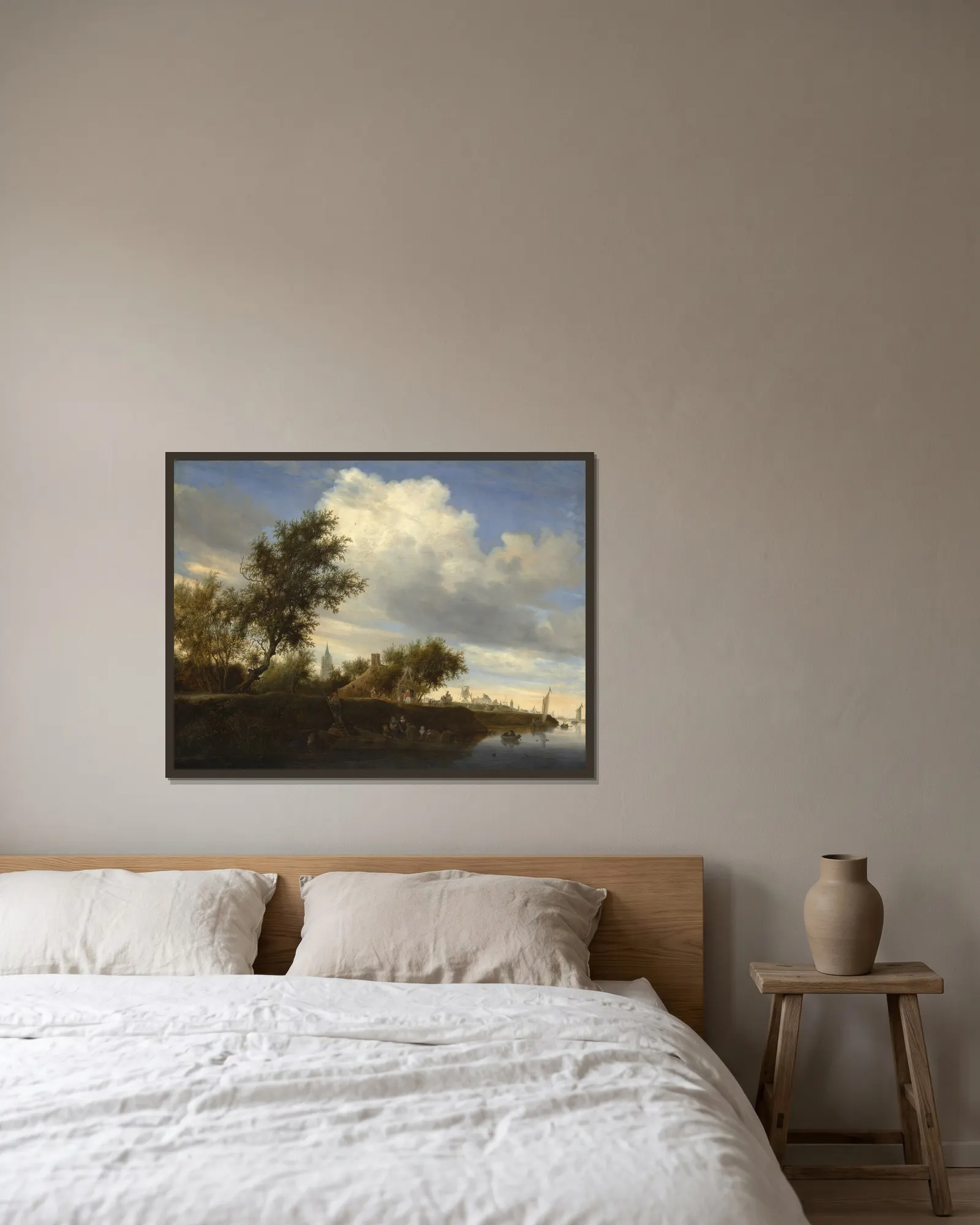 Ferry near Gorinchem av Salomon van Ruysdael inramad på en vägg