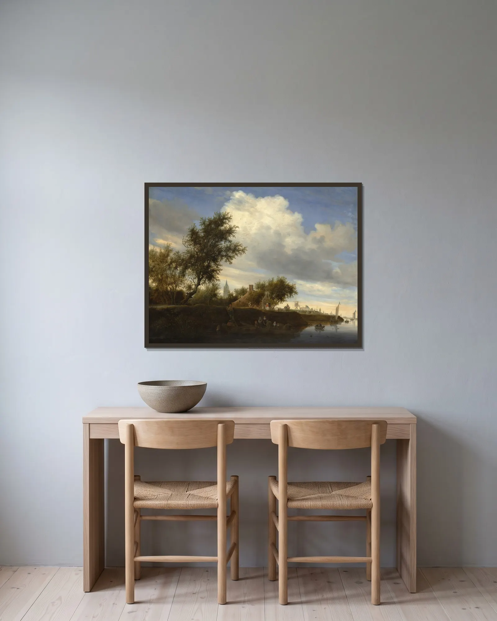 Ferry near Gorinchem av Salomon van Ruysdael inramad på en vägg