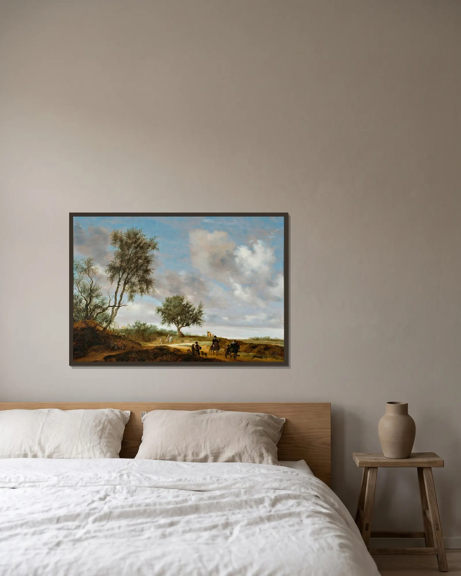 Landscape with hunters av Salomon van Ruysdael inramad på en vägg