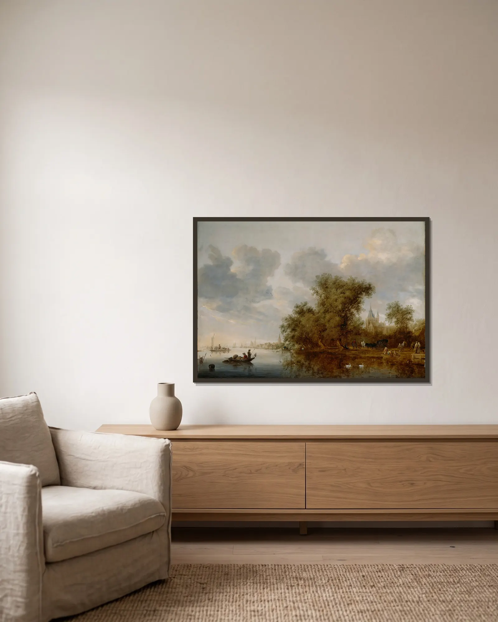 River Landscape av Salomon van Ruysdael inramad på en vägg