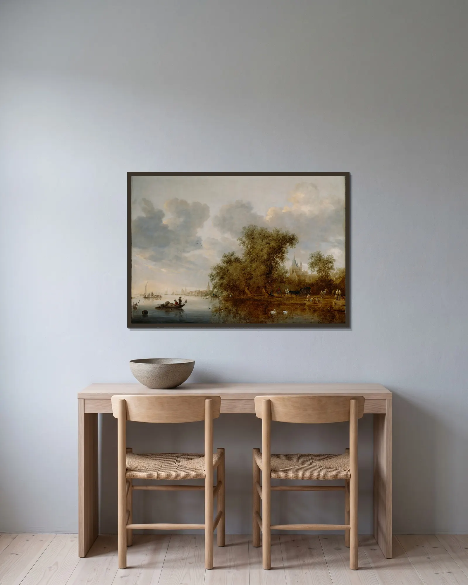 River Landscape av Salomon van Ruysdael inramad på en vägg