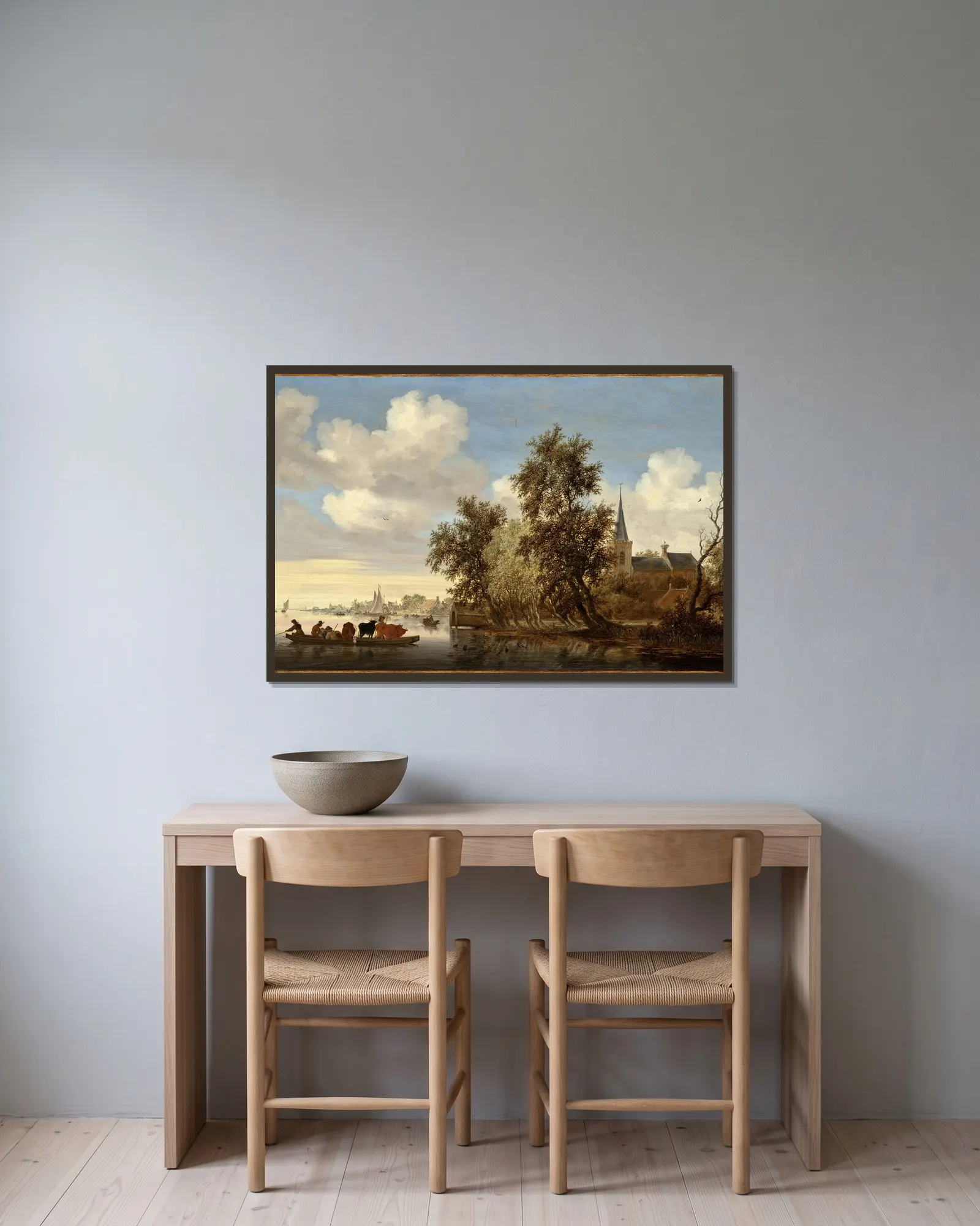 River Landscape with a Ferry av Salomon van Ruysdael inramad på en vägg