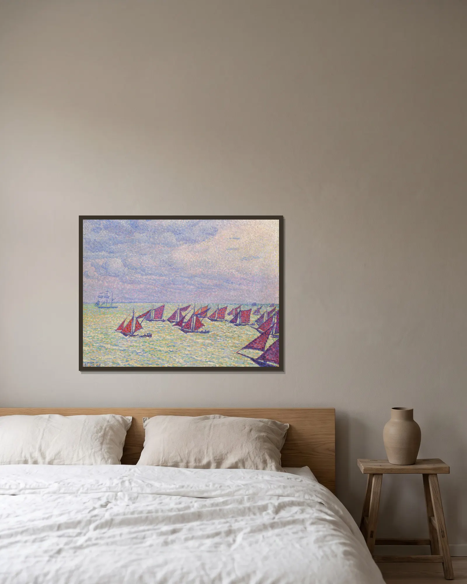 Flottille d’Arnemuiden av Theo van Rysselberghe inramad på en vägg
