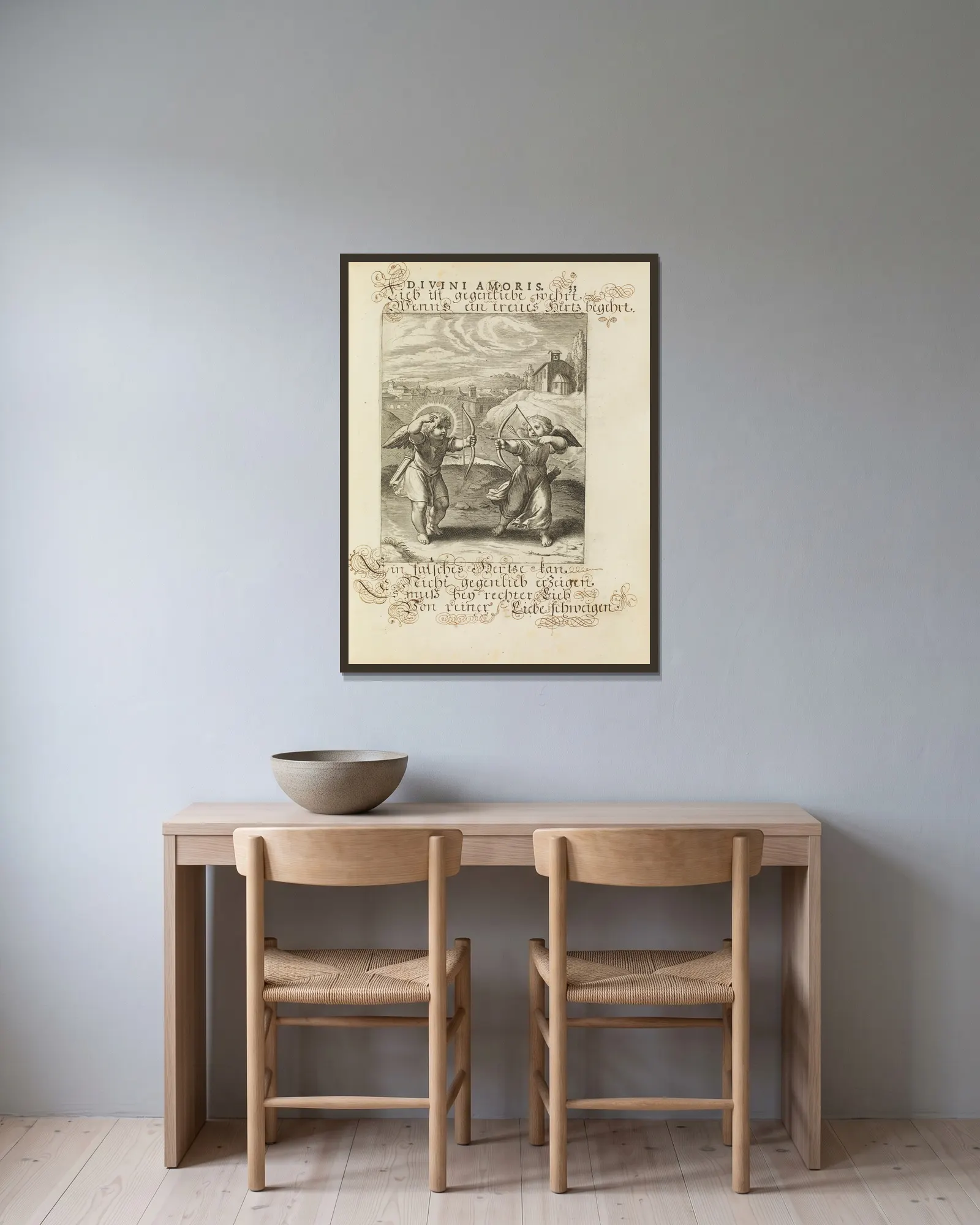 Amoris divini emblemata Pl.14 av Otto van Veen inramad på en vägg