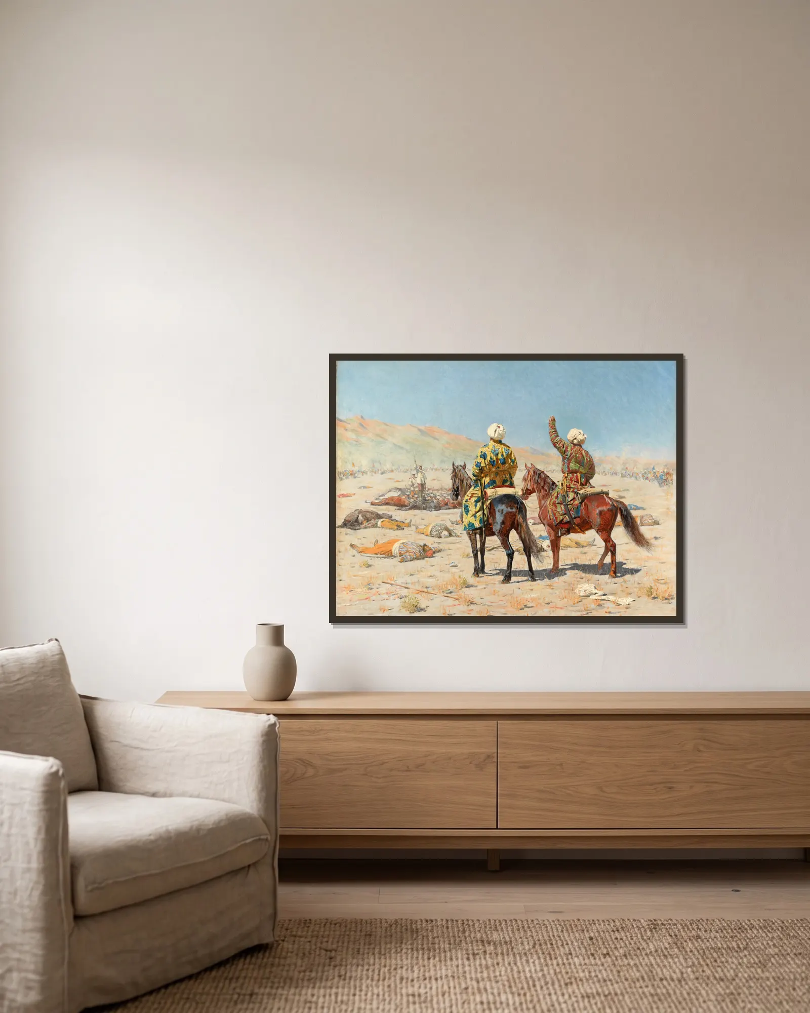 About war av Vasily Vereshchagin inramad på en vägg
