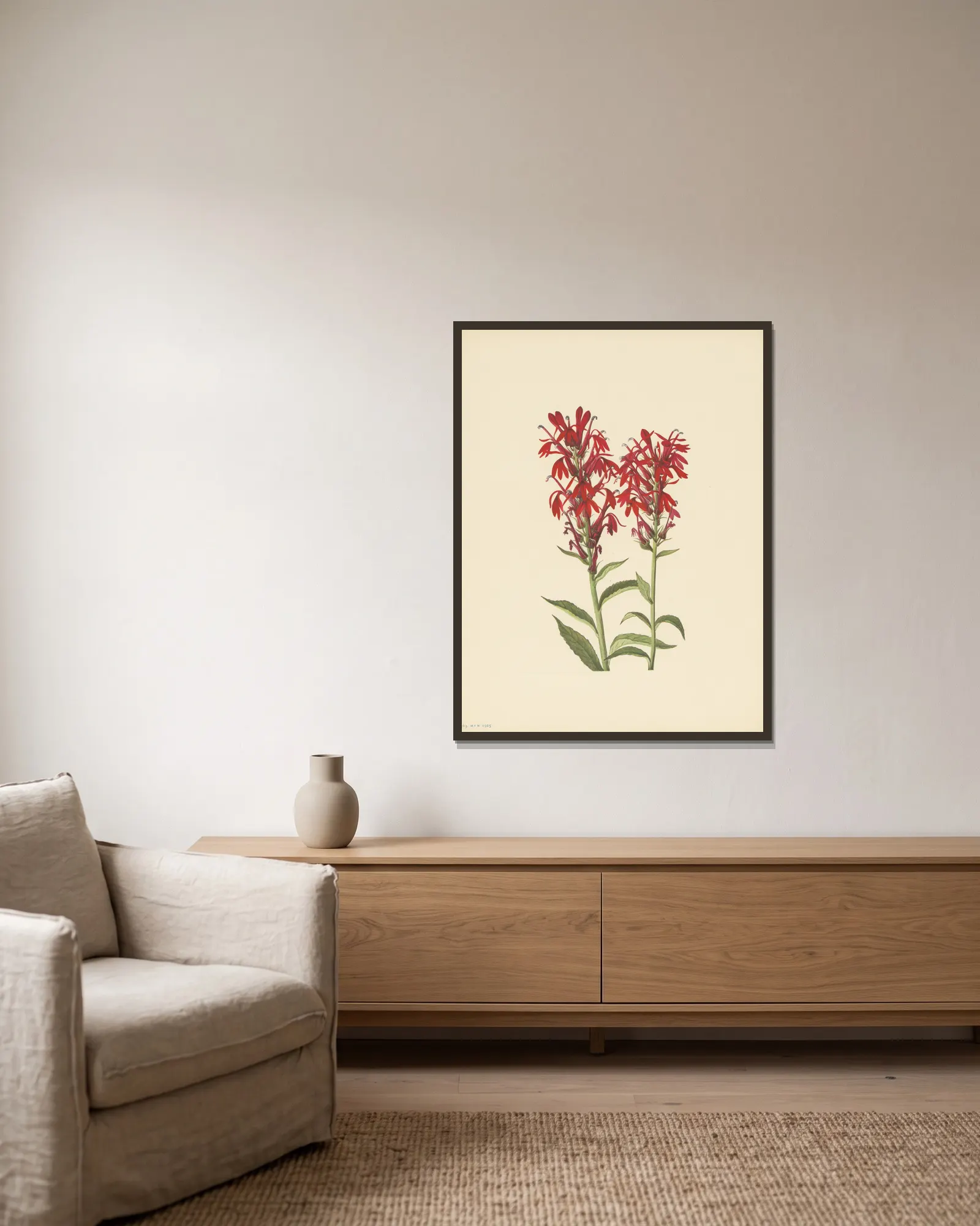 Cardinalflower (Lobelia cardinalis) av Mary Vaux Walcott inramad på en vägg