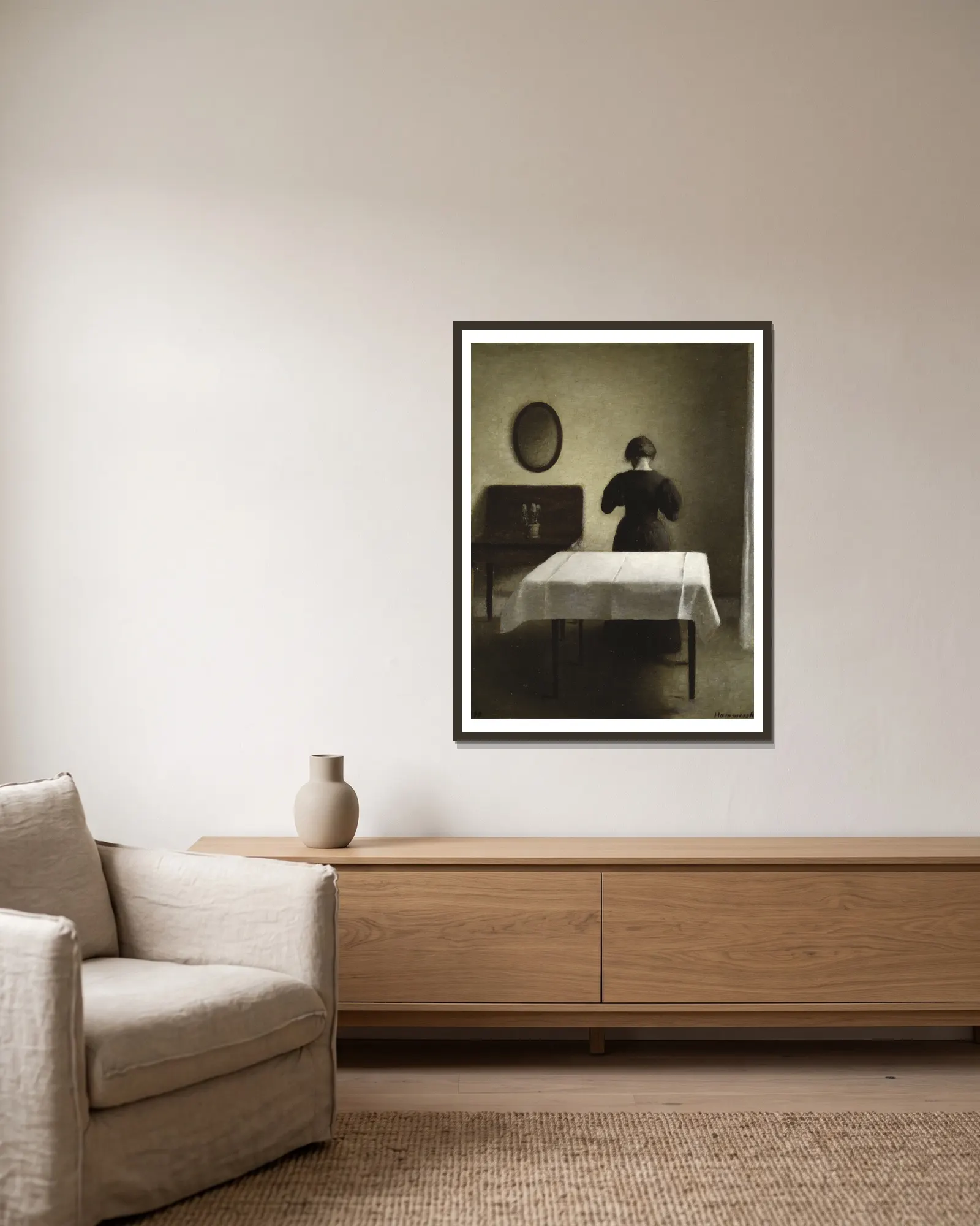 Interior av Vilhelm Hammershøi inramad på en vägg