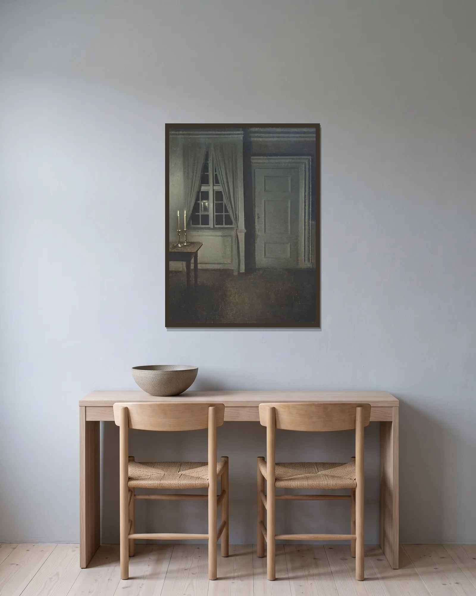 Interior With Two Candles av Vilhelm Hammershøi inramad på en vägg
