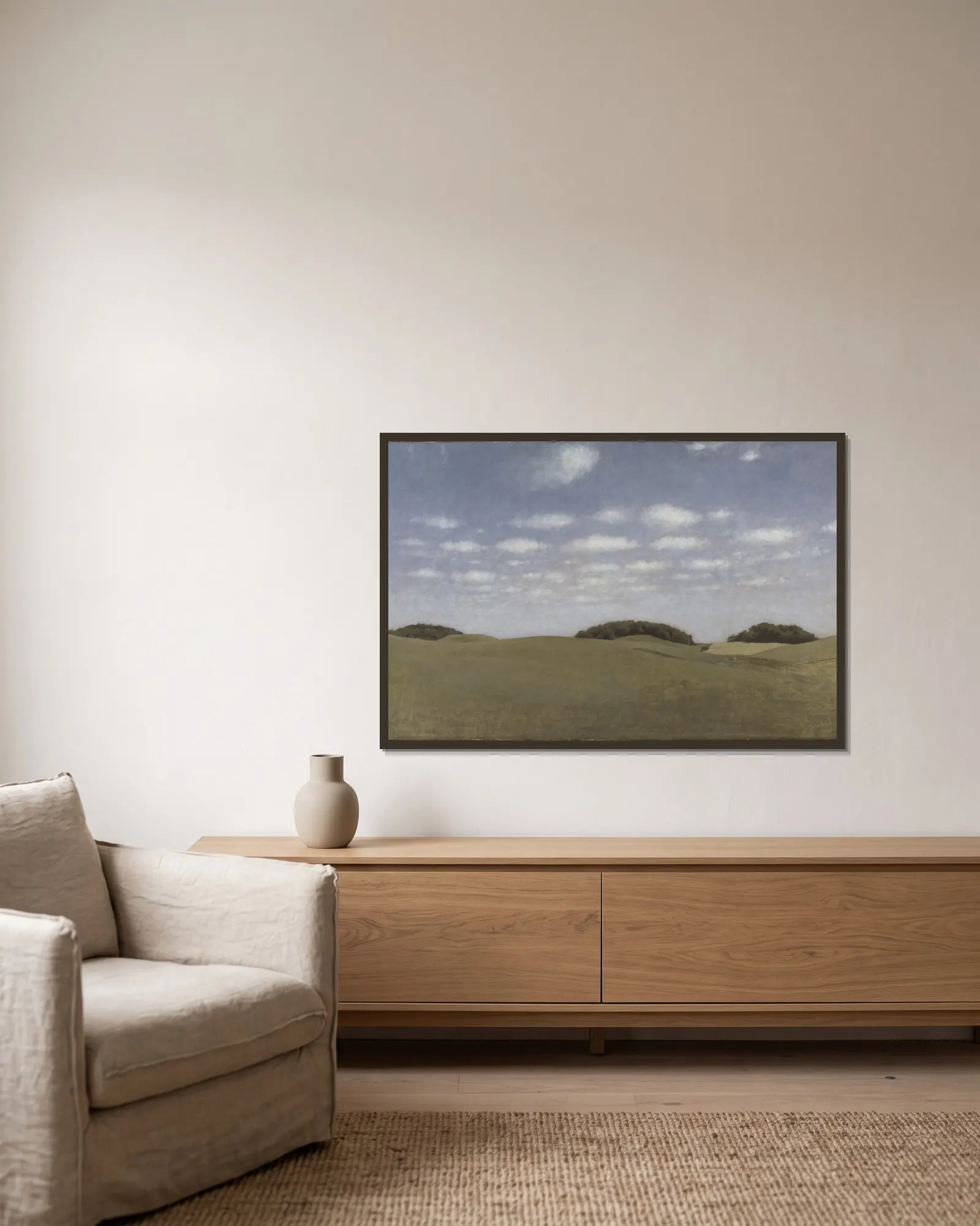 Landscape, From Lejre av Vilhelm Hammershøi inramad på en vägg