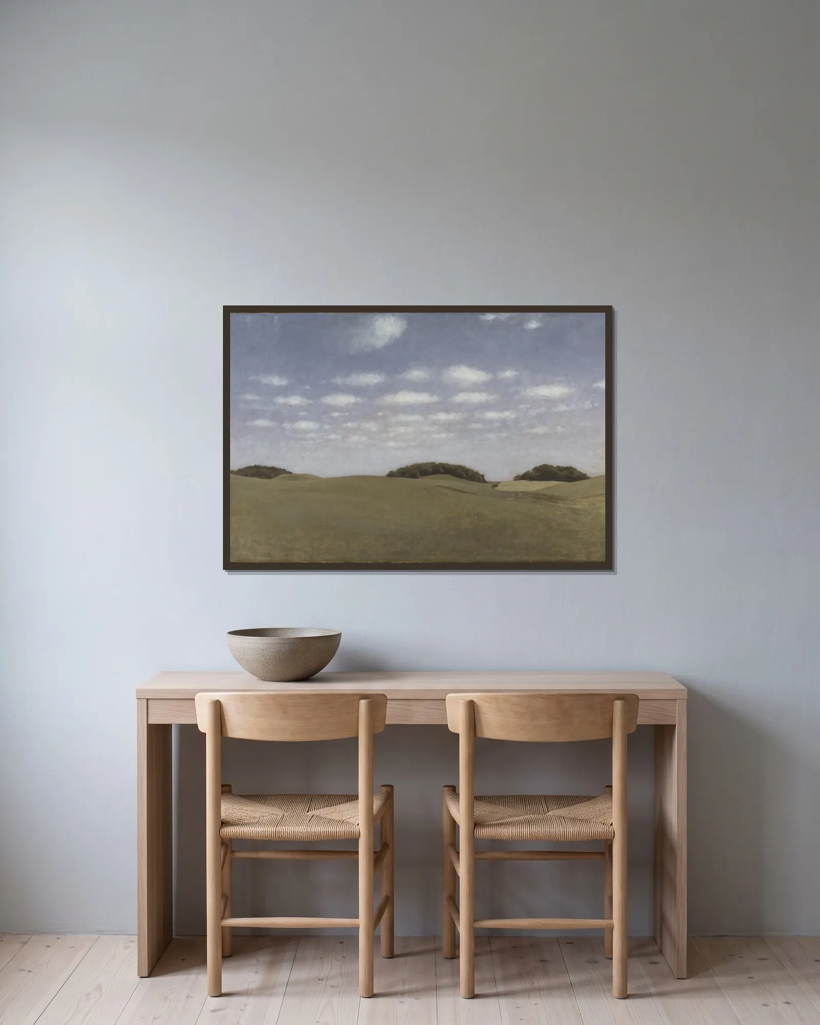 Landscape, From Lejre av Vilhelm Hammershøi inramad på en vägg