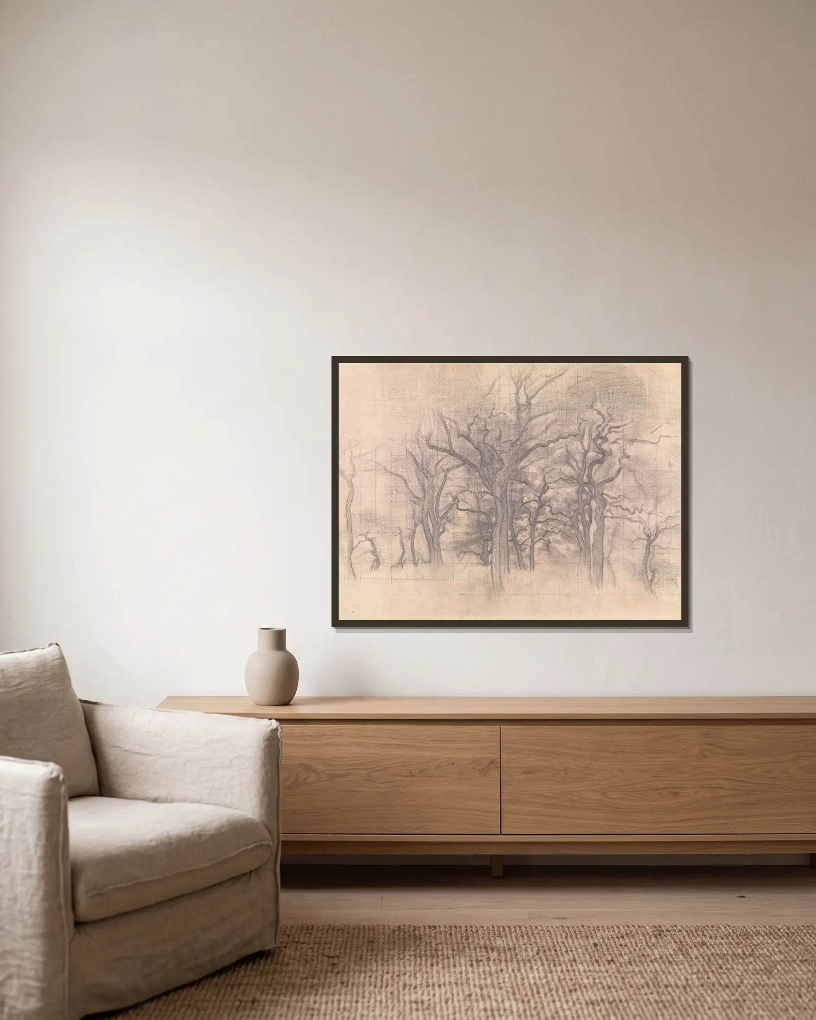 Oak Trees av Vilhelm Hammershøi inramad på en vägg