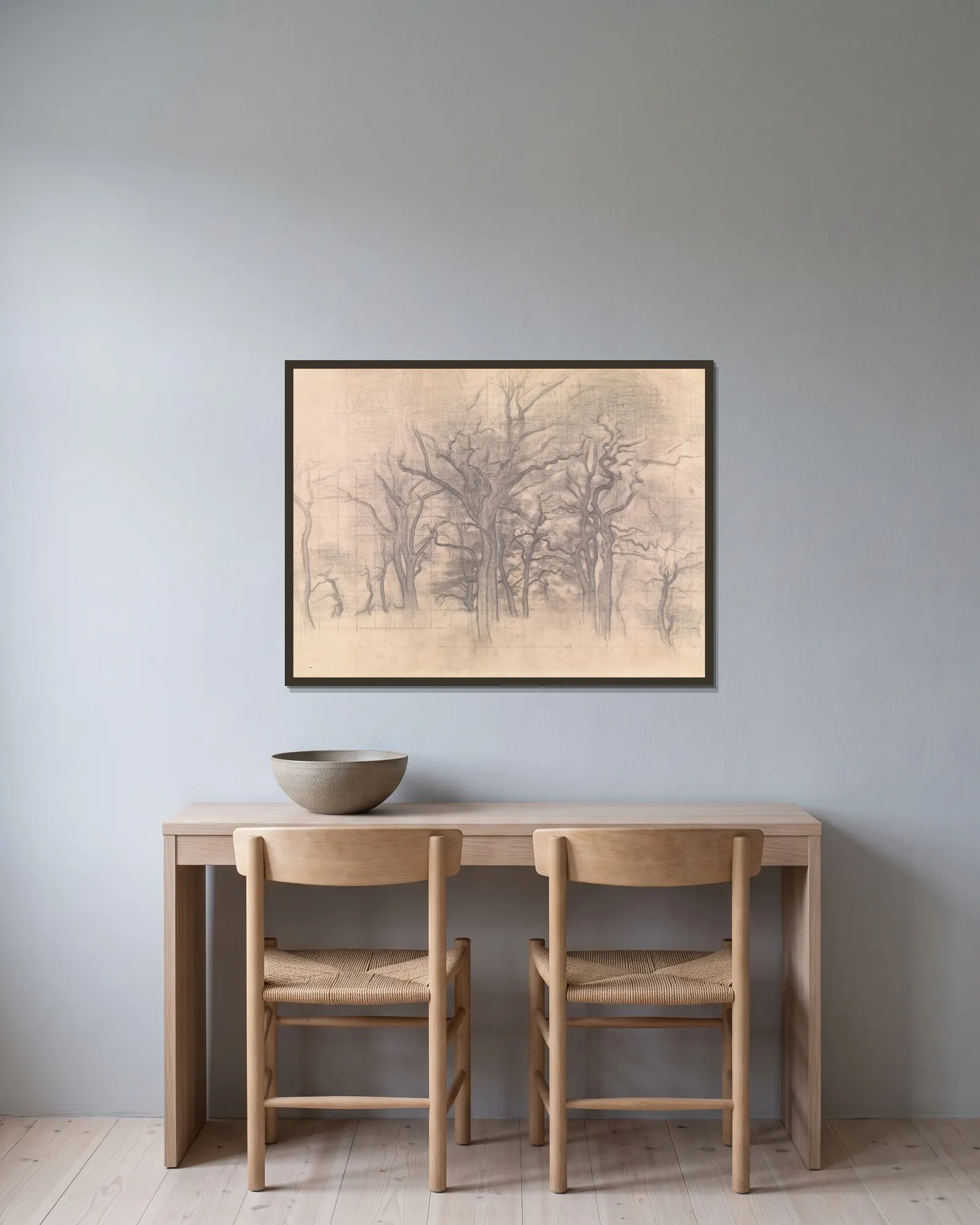 Oak Trees av Vilhelm Hammershøi inramad på en vägg