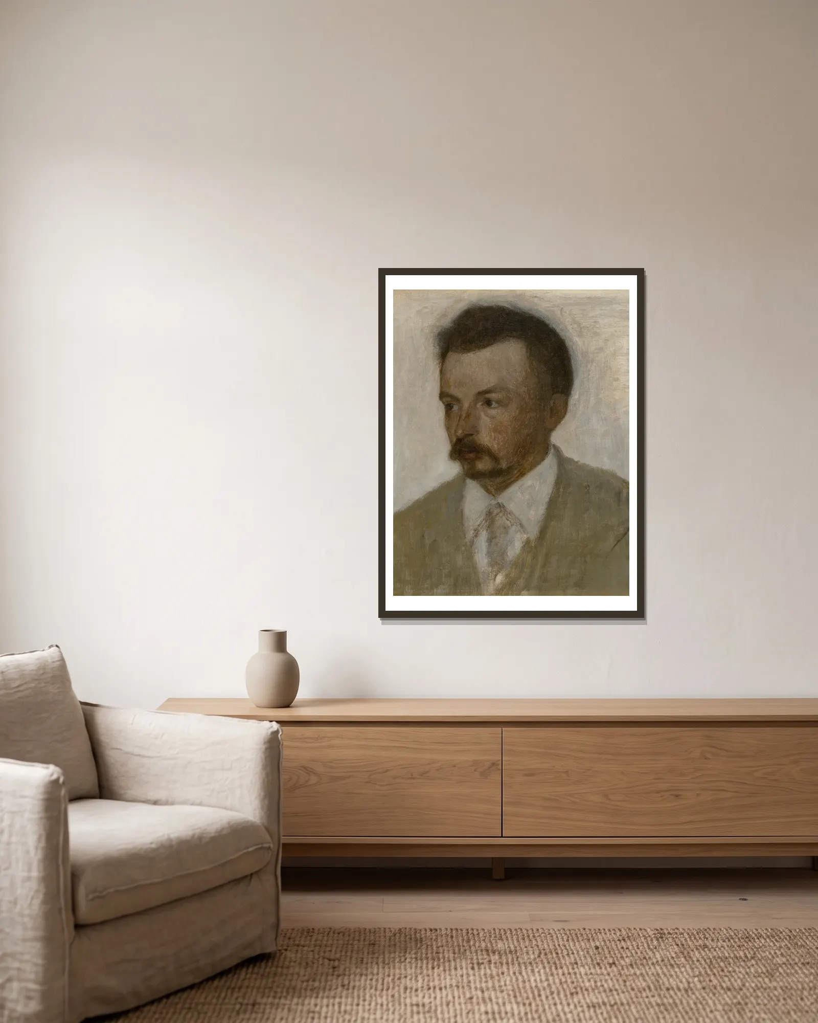 Selv-portræt (Self-portrait) av Vilhelm Hammershøi inramad på en vägg
