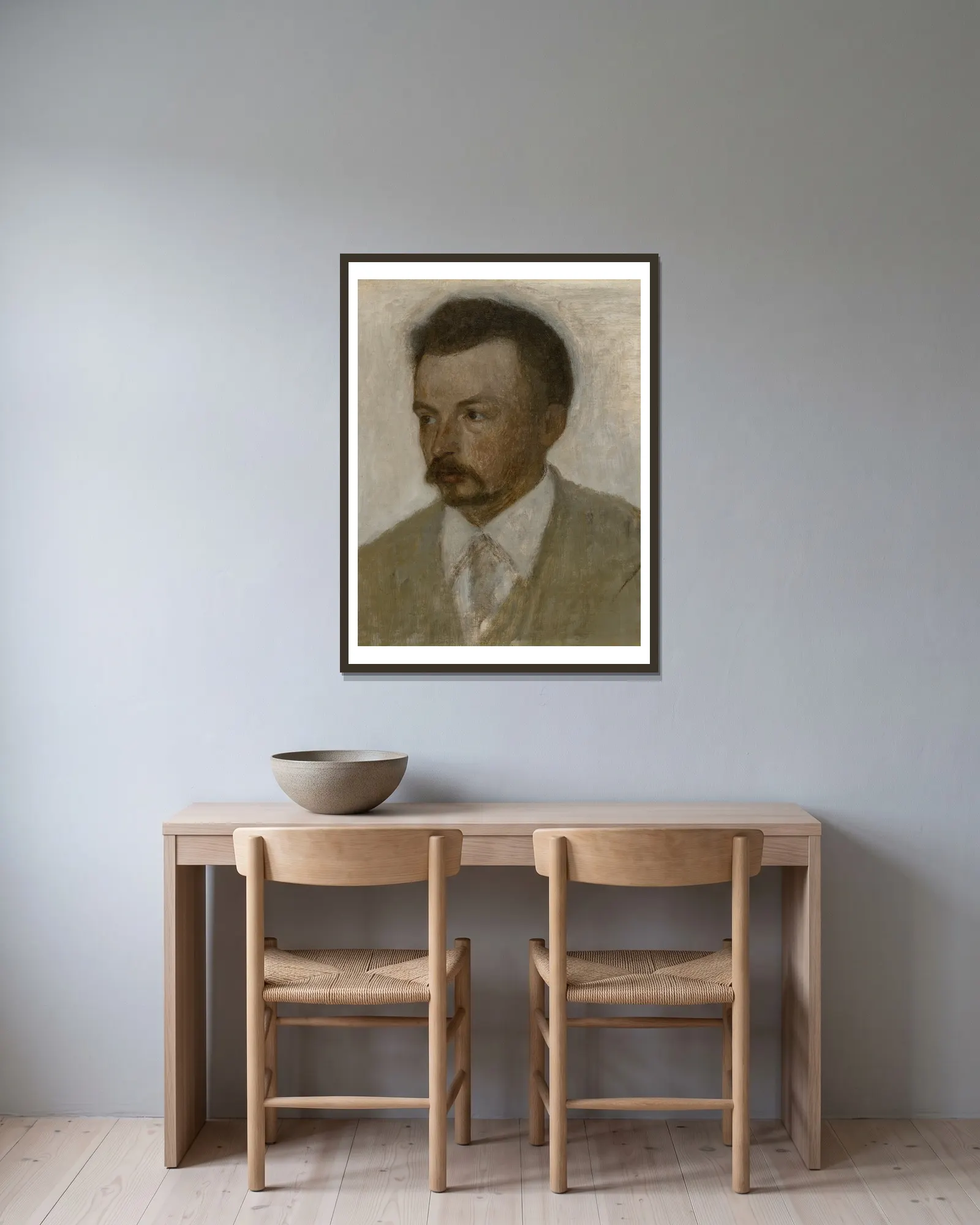 Selv-portræt (Self-portrait) av Vilhelm Hammershøi inramad på en vägg