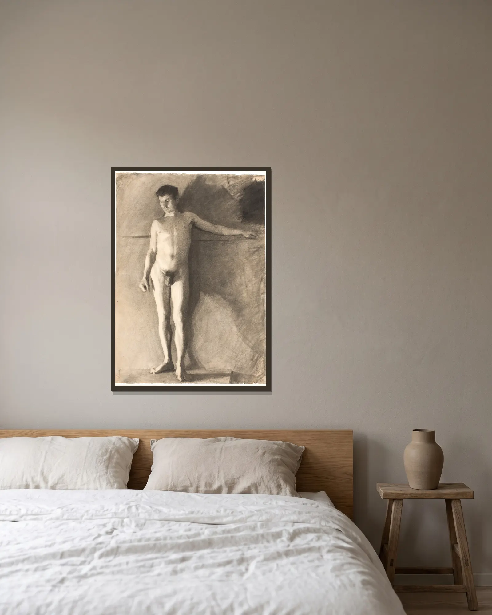 Stående mandlig model av Vilhelm Hammershøi inramad på en vägg