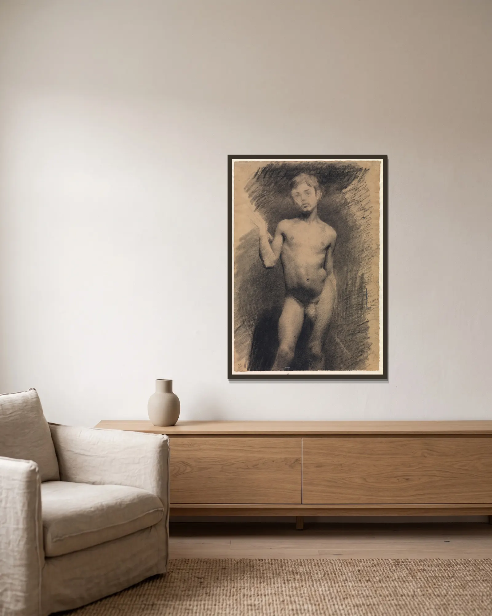 Stående nøgen dreng. Modelstudie av Vilhelm Hammershøi inramad på en vägg