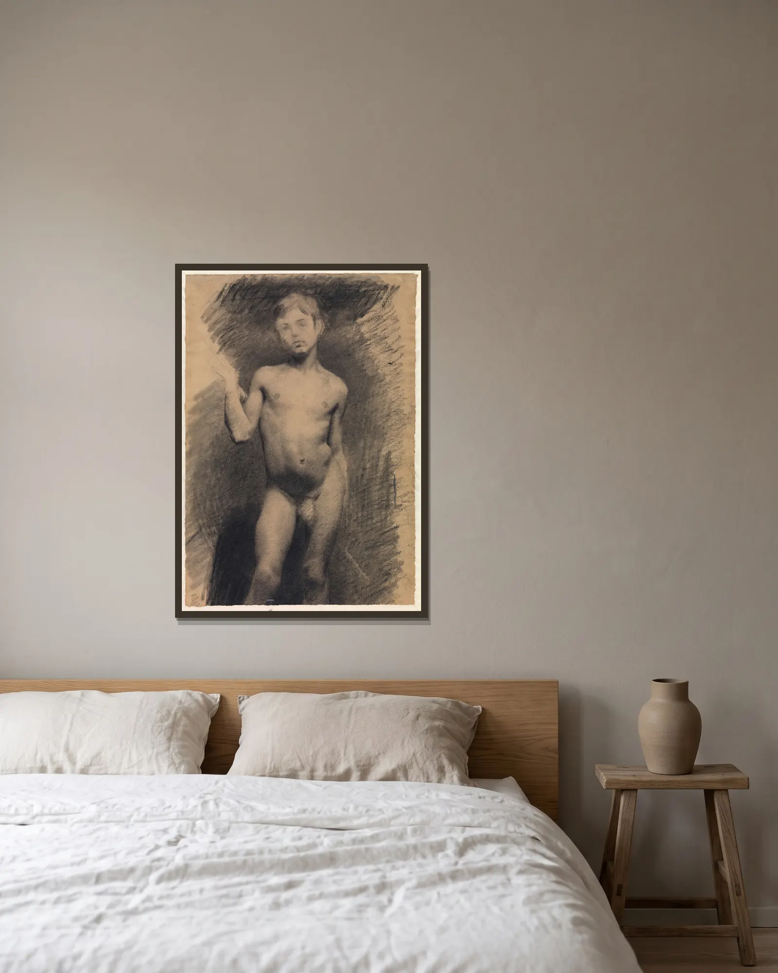 Stående nøgen dreng. Modelstudie av Vilhelm Hammershøi inramad på en vägg