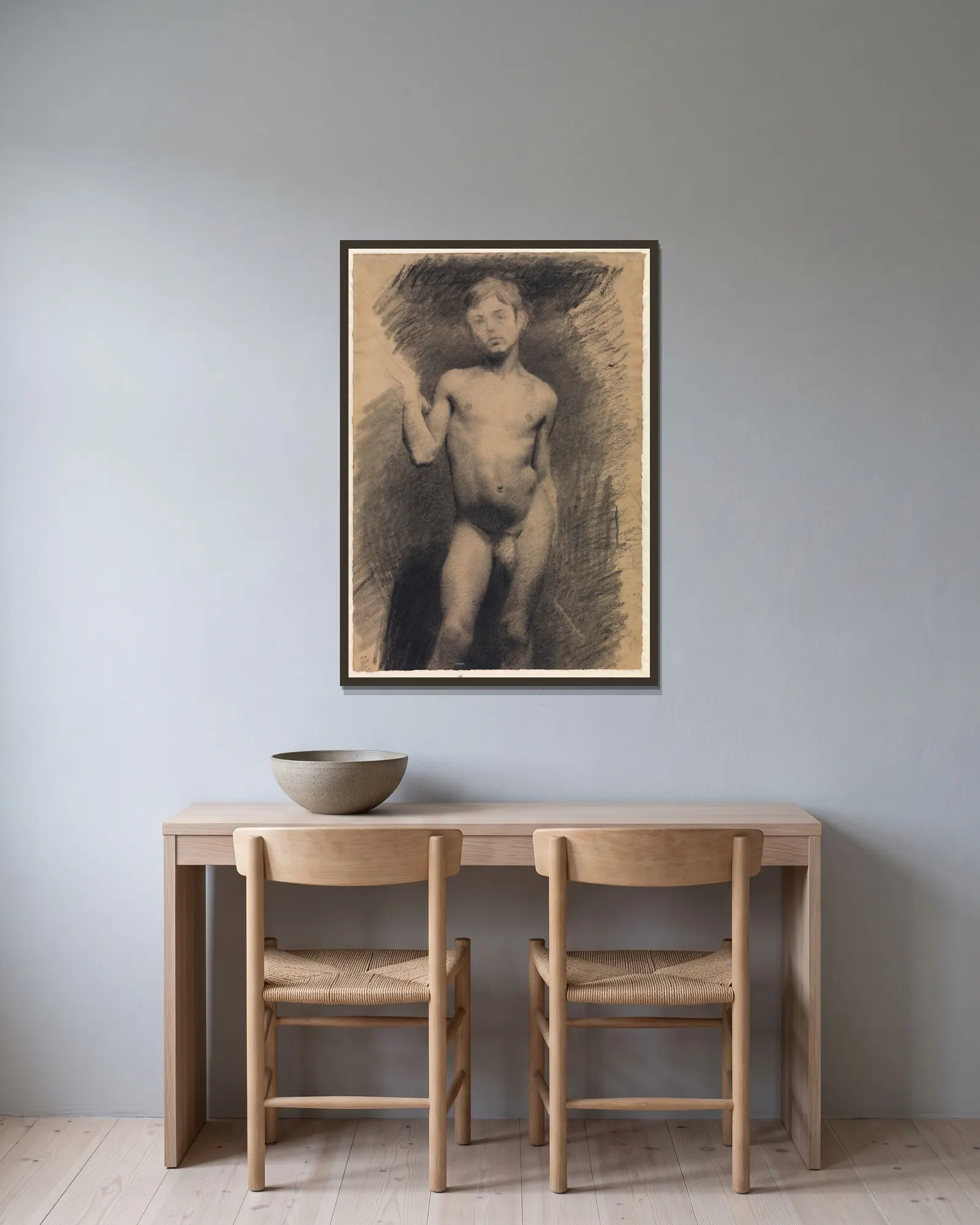 Stående nøgen dreng. Modelstudie av Vilhelm Hammershøi inramad på en vägg