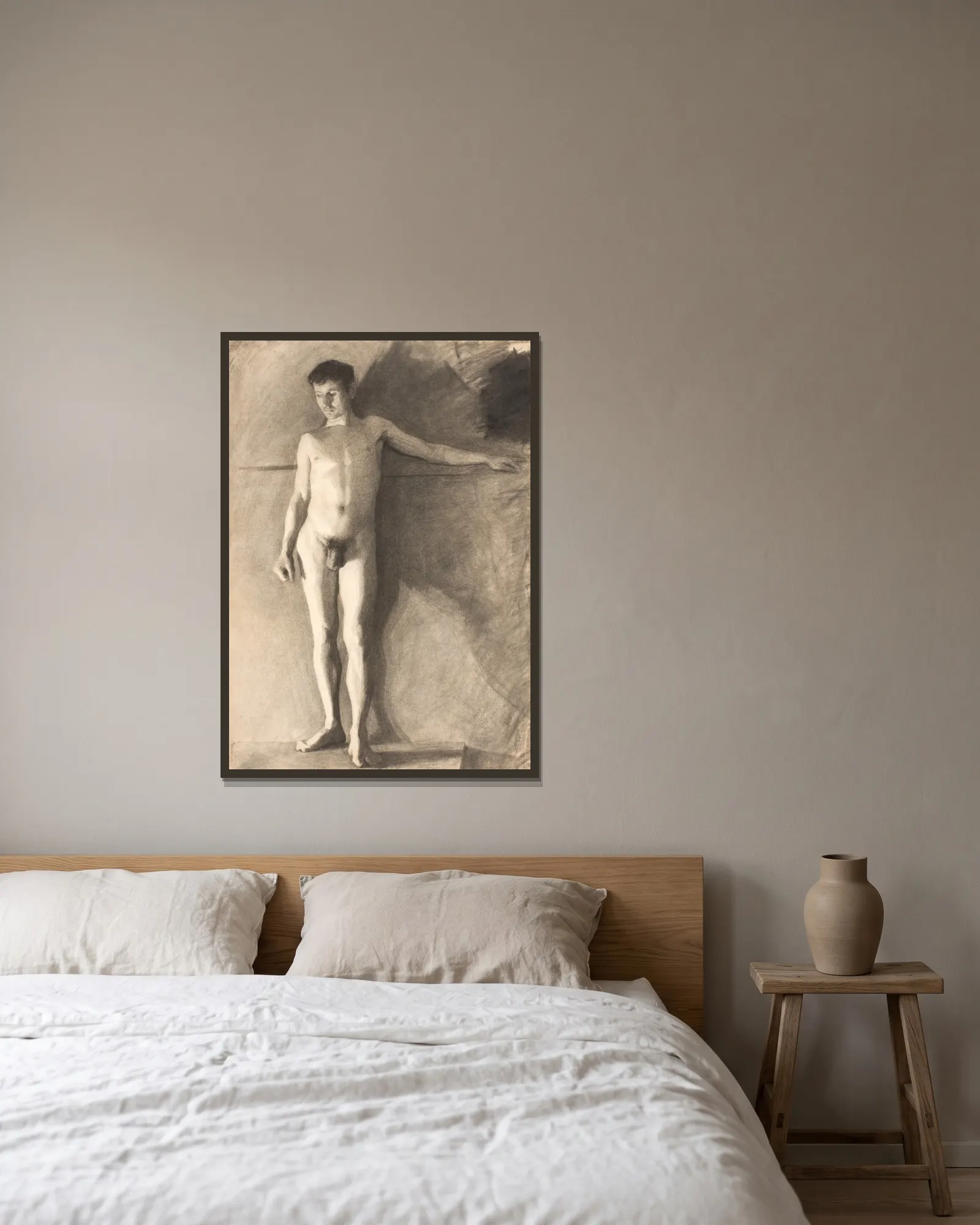 Standing male model av Vilhelm Hammershøi inramad på en vägg