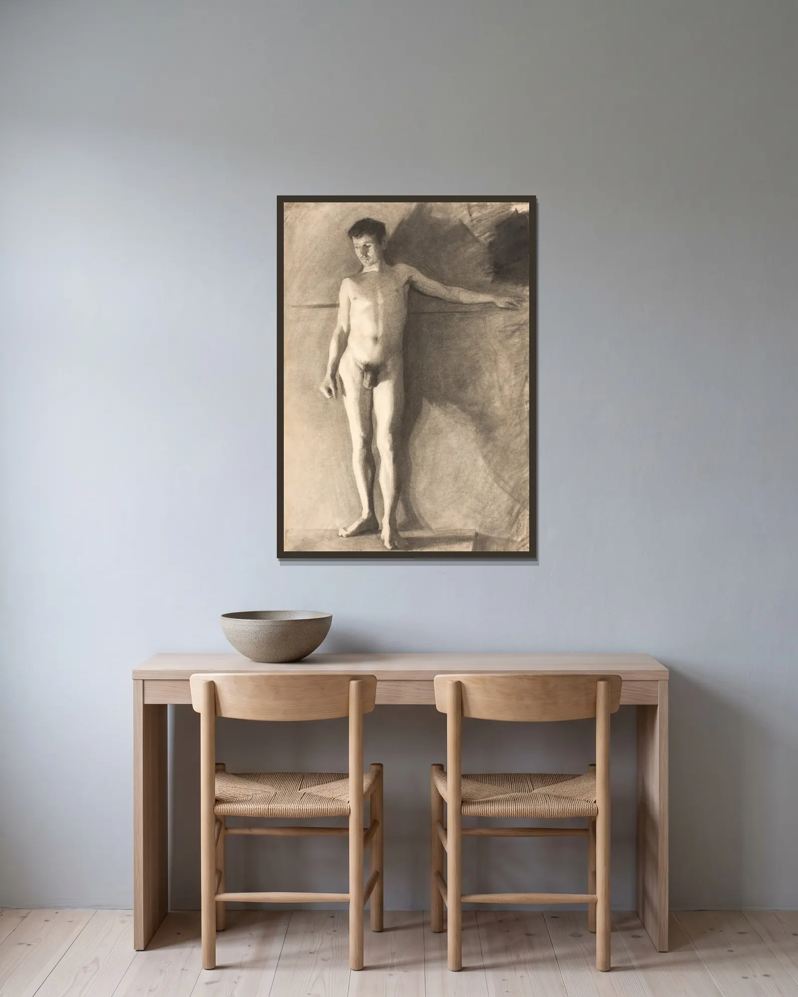 Standing male model av Vilhelm Hammershøi inramad på en vägg