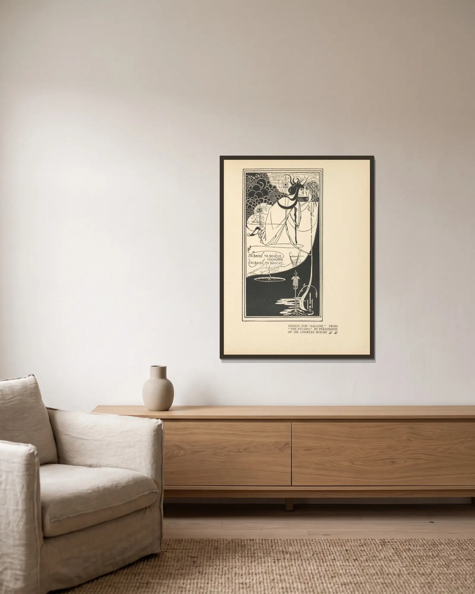 Design For ‘Salome’ av Aubrey Vincent Beardsley inramad på en vägg