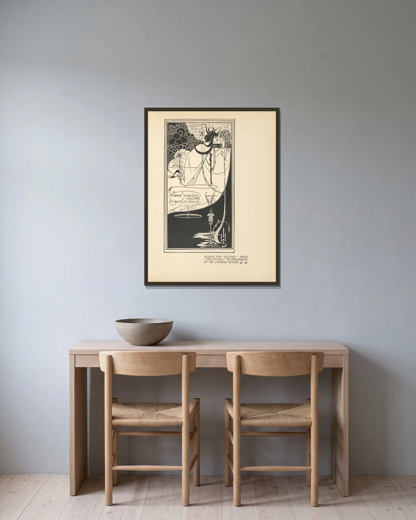 Design For ‘Salome’ av Aubrey Vincent Beardsley inramad på en vägg