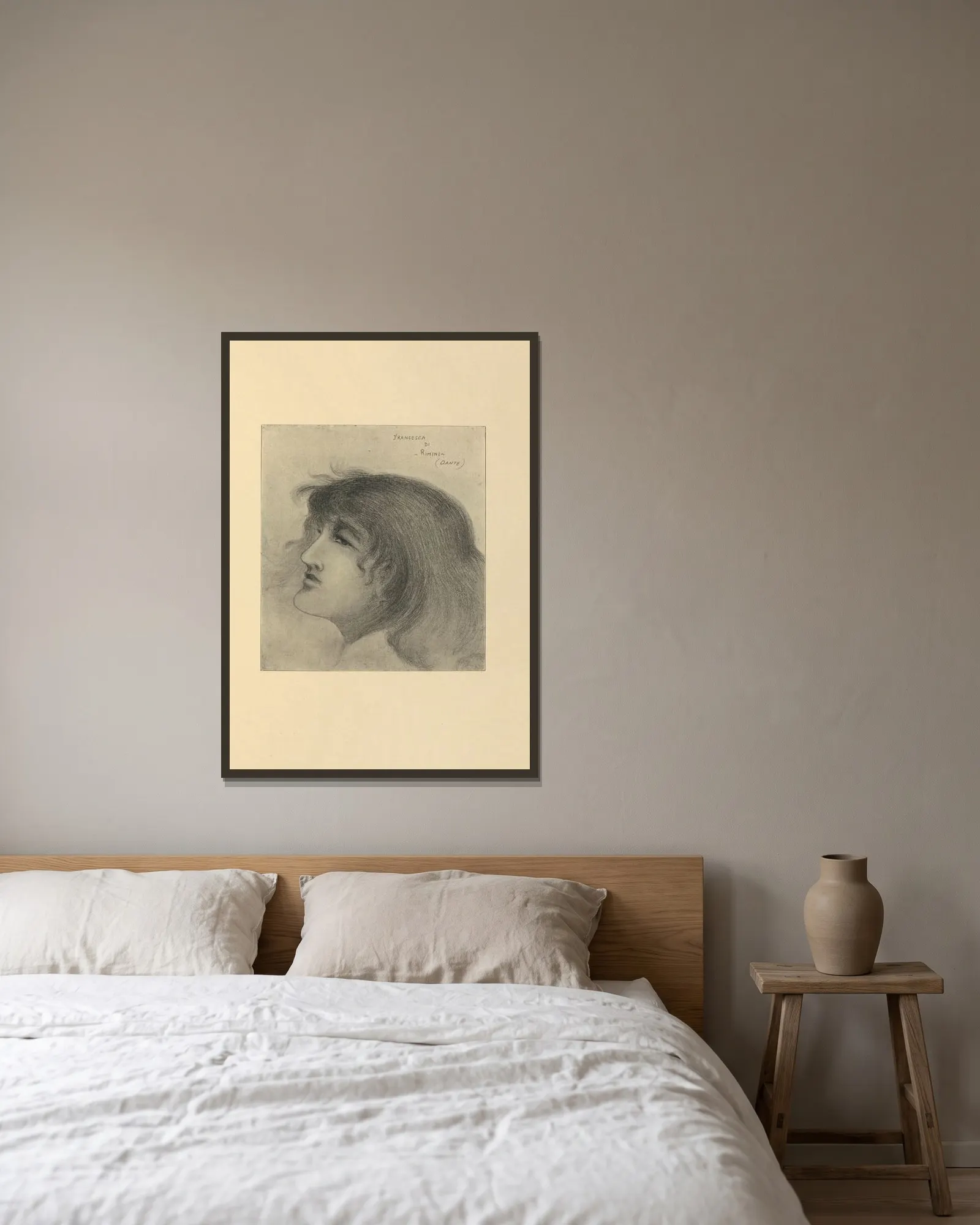 Francesca Di Rimini (Dante) – nr 2 av Aubrey Vincent Beardsley inramad på en vägg