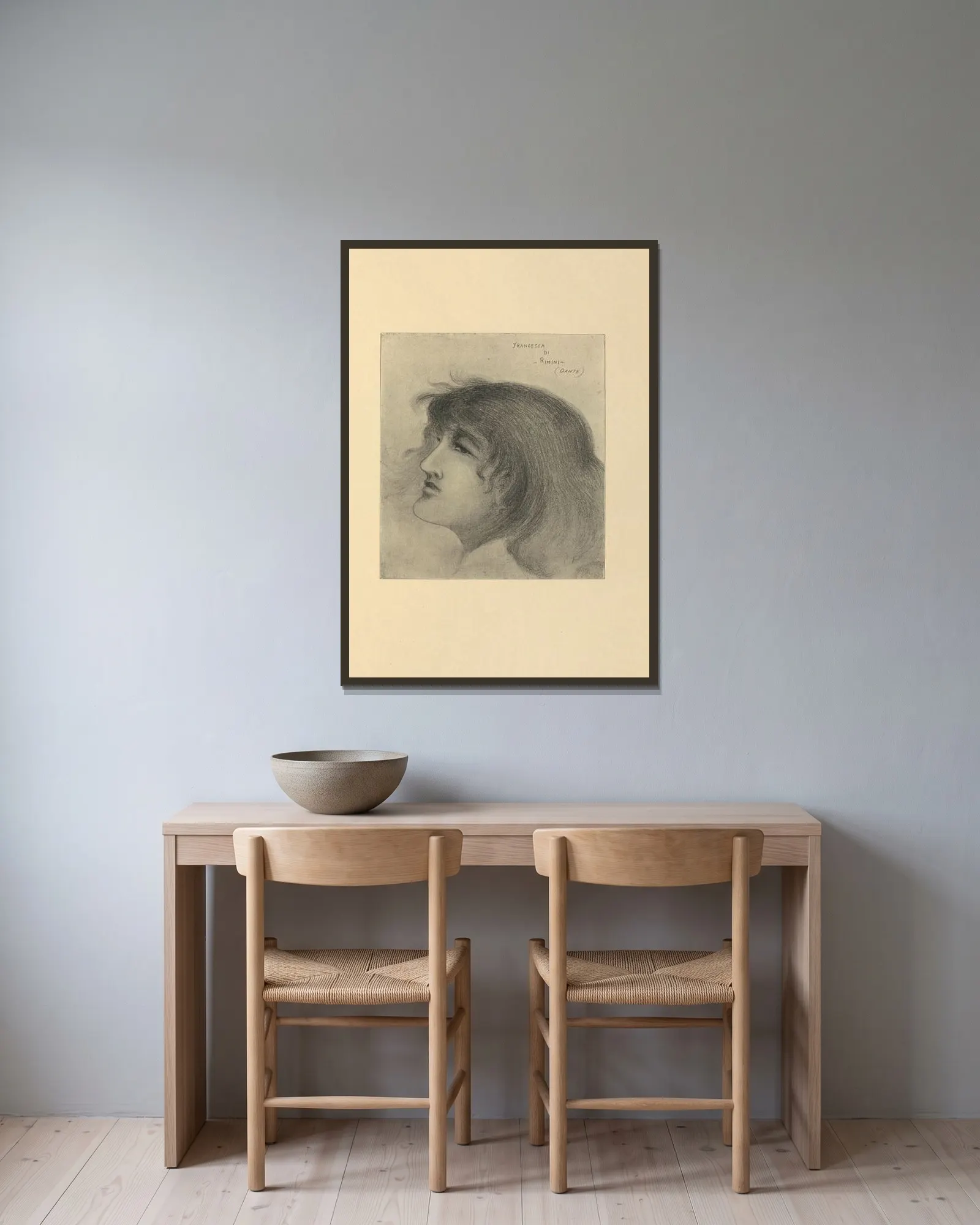 Francesca Di Rimini (Dante) – nr 2 av Aubrey Vincent Beardsley inramad på en vägg