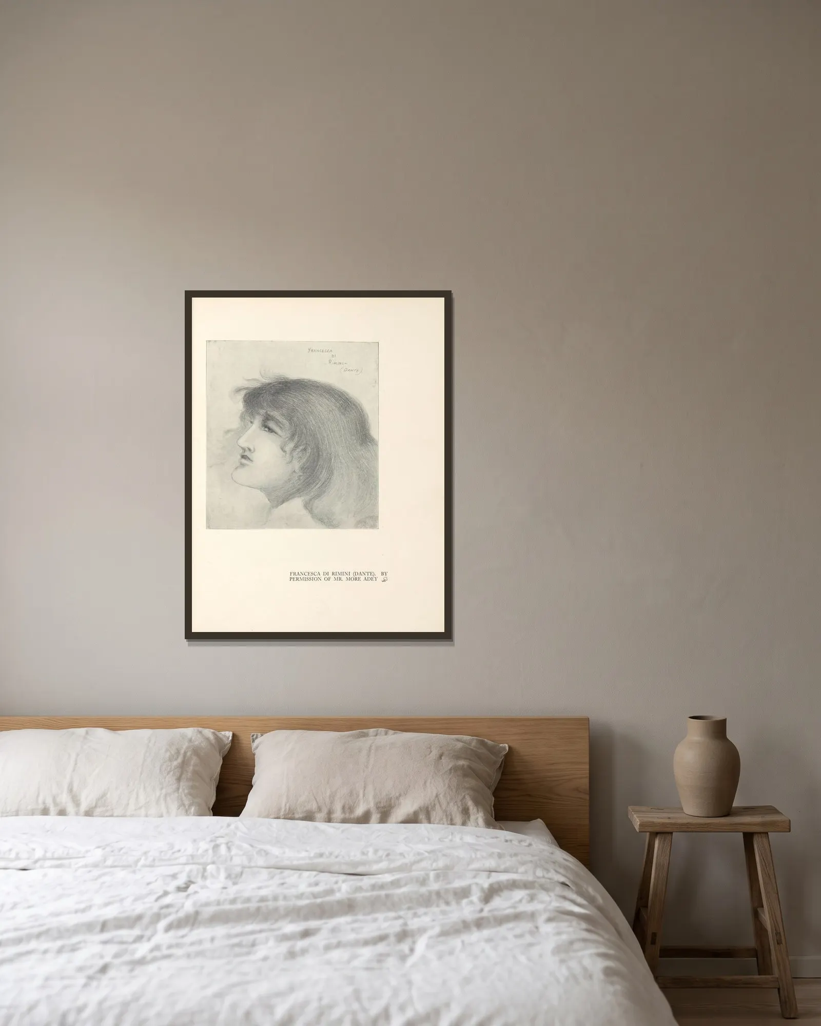 Francesca Di Rimini (Dante) – nr 1 av Aubrey Vincent Beardsley inramad på en vägg
