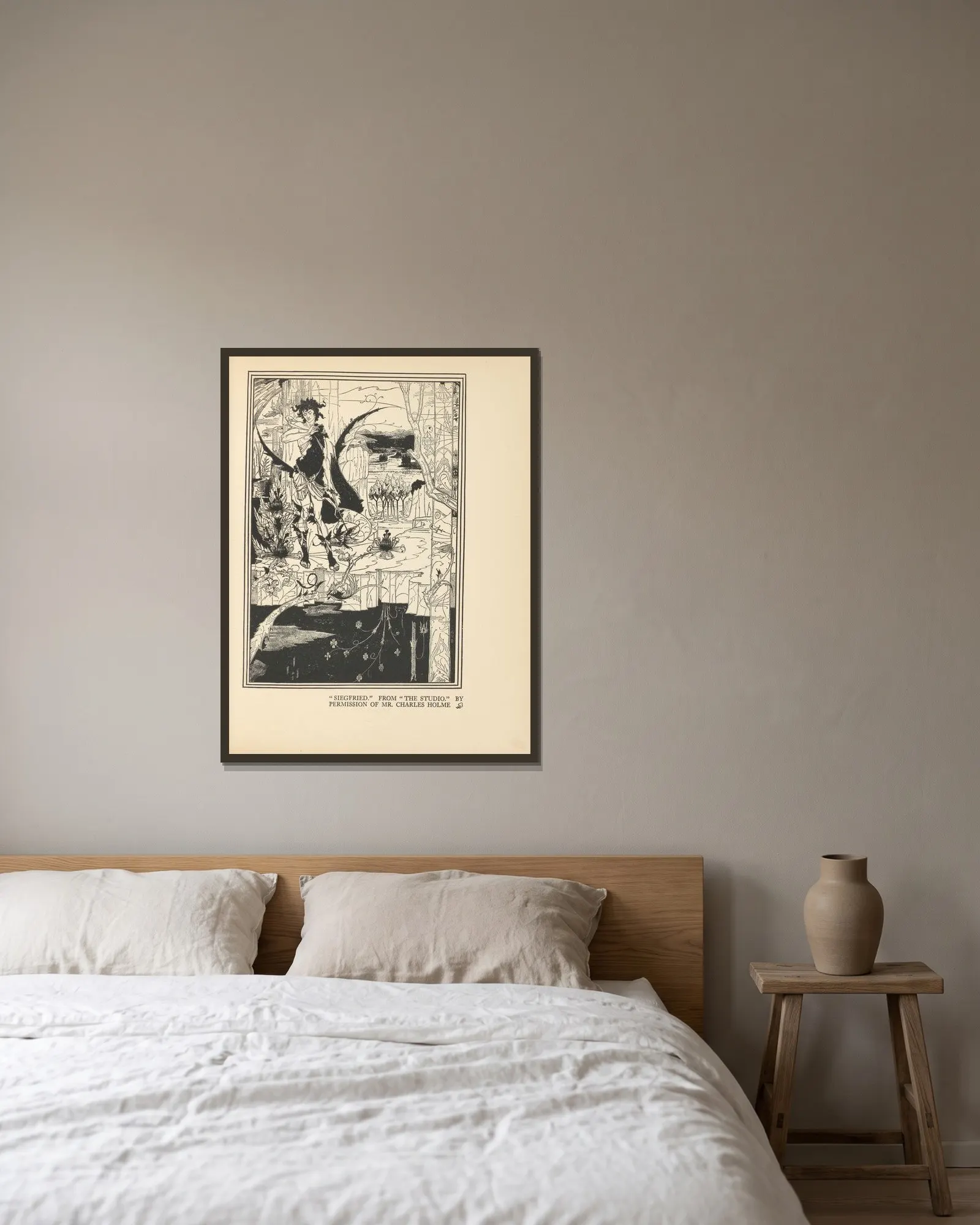 Siegfried av Aubrey Vincent Beardsley inramad på en vägg