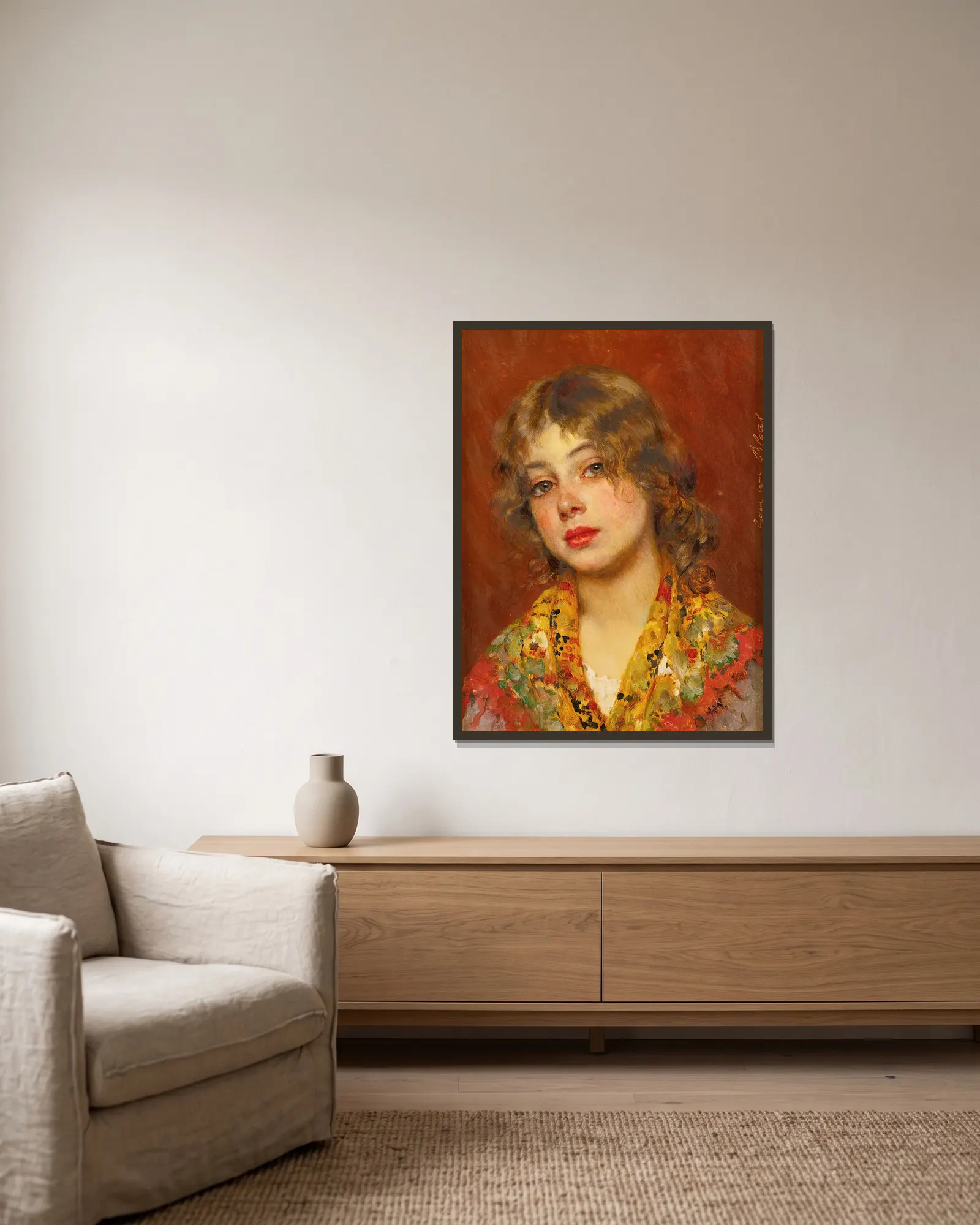 Gypsy Girl av Eugen von Blaas inramad på en vägg