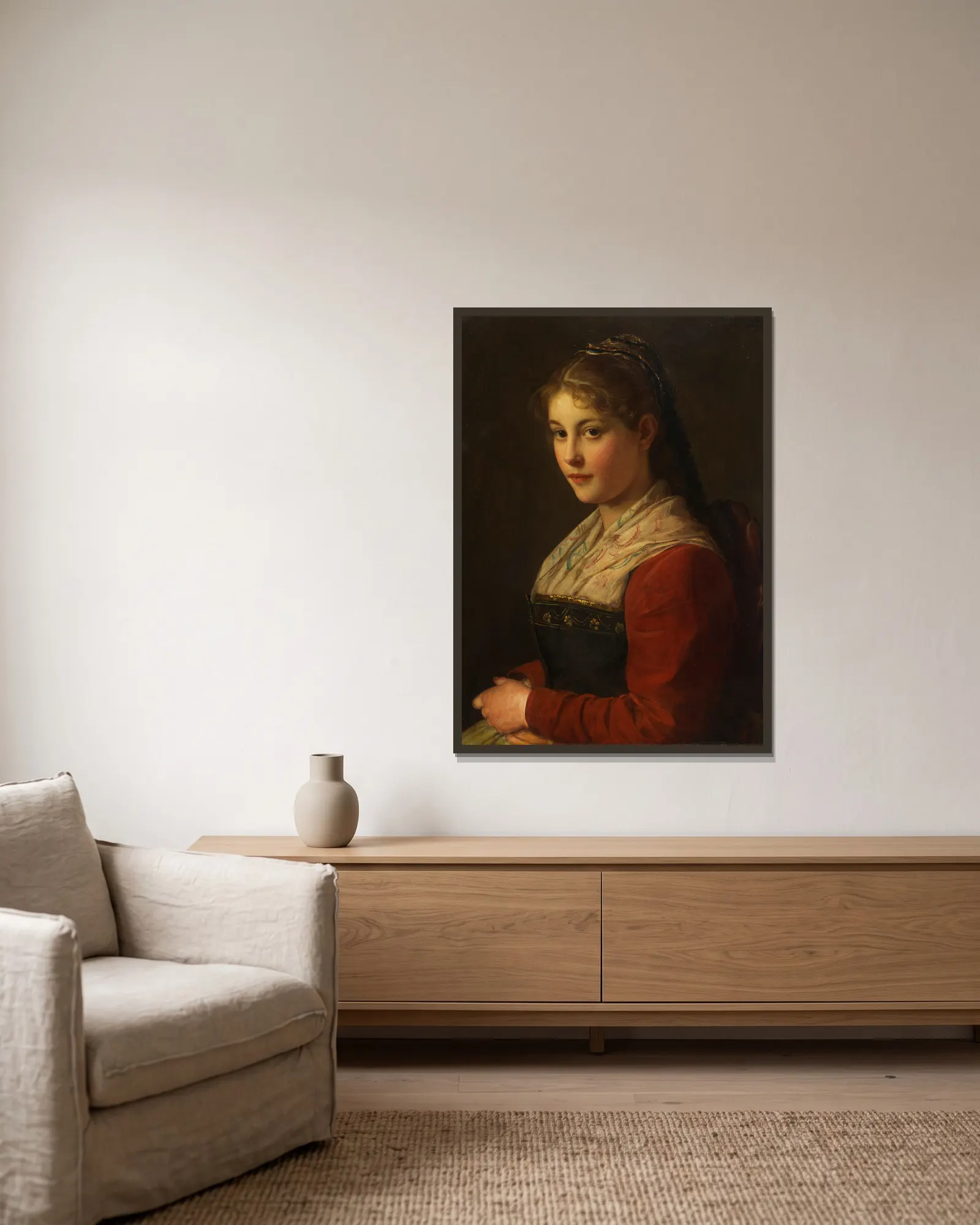 Dirndl (Vor der Kirchn) av Franz von Defregger inramad på en vägg