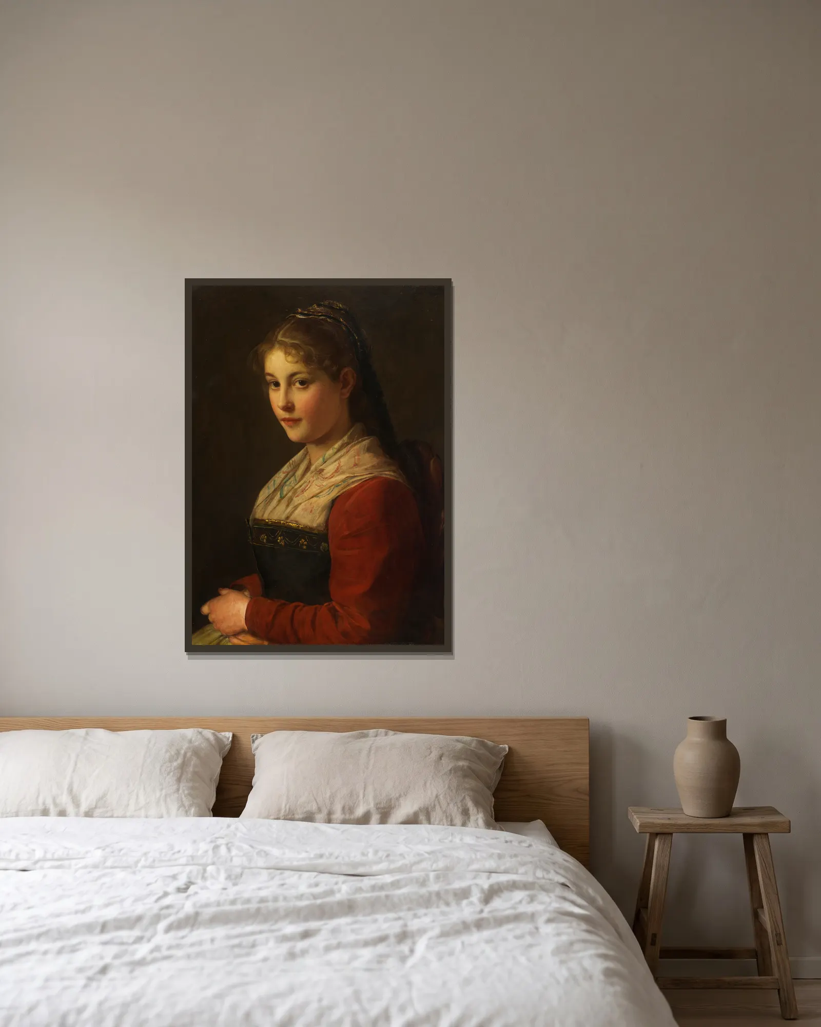 Dirndl (Vor der Kirchn) av Franz von Defregger inramad på en vägg