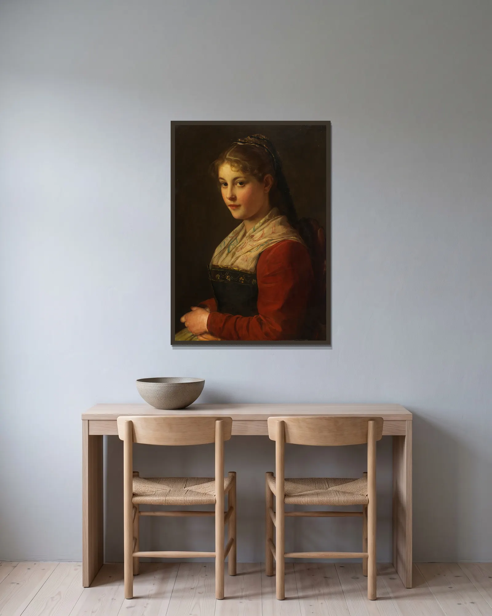 Dirndl (Vor der Kirchn) av Franz von Defregger inramad på en vägg
