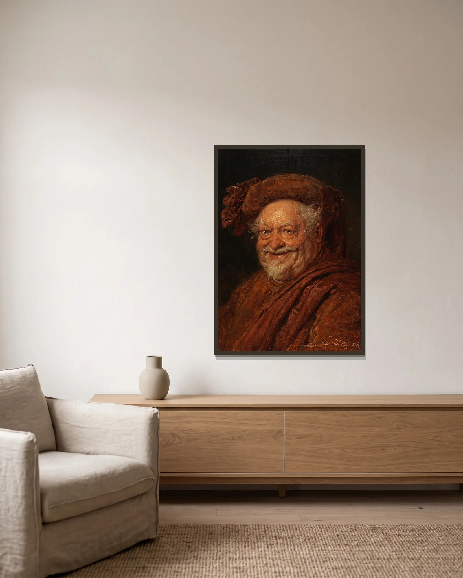 Falstaff av Eduard von Grützner inramad på en vägg