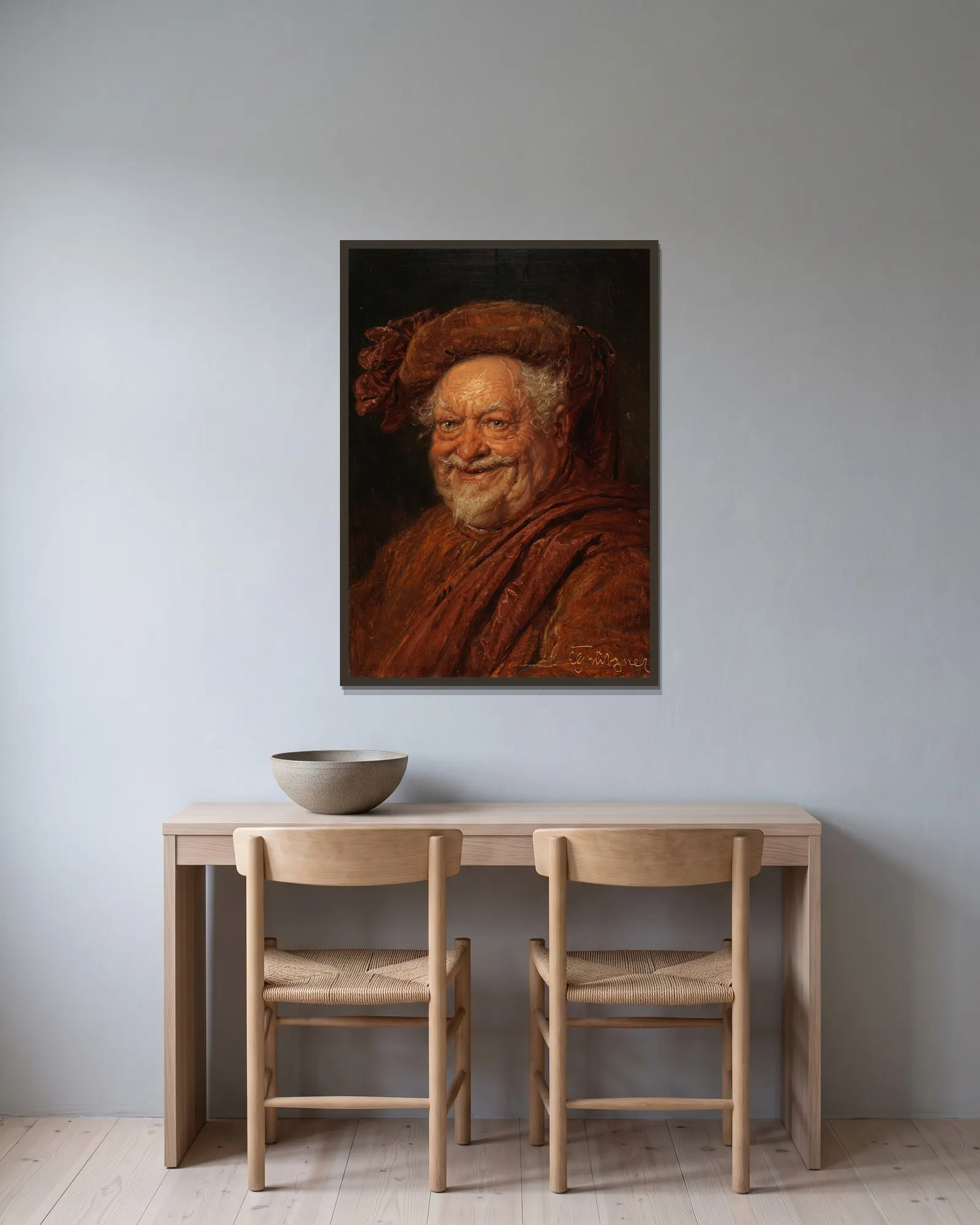 Falstaff av Eduard von Grützner inramad på en vägg
