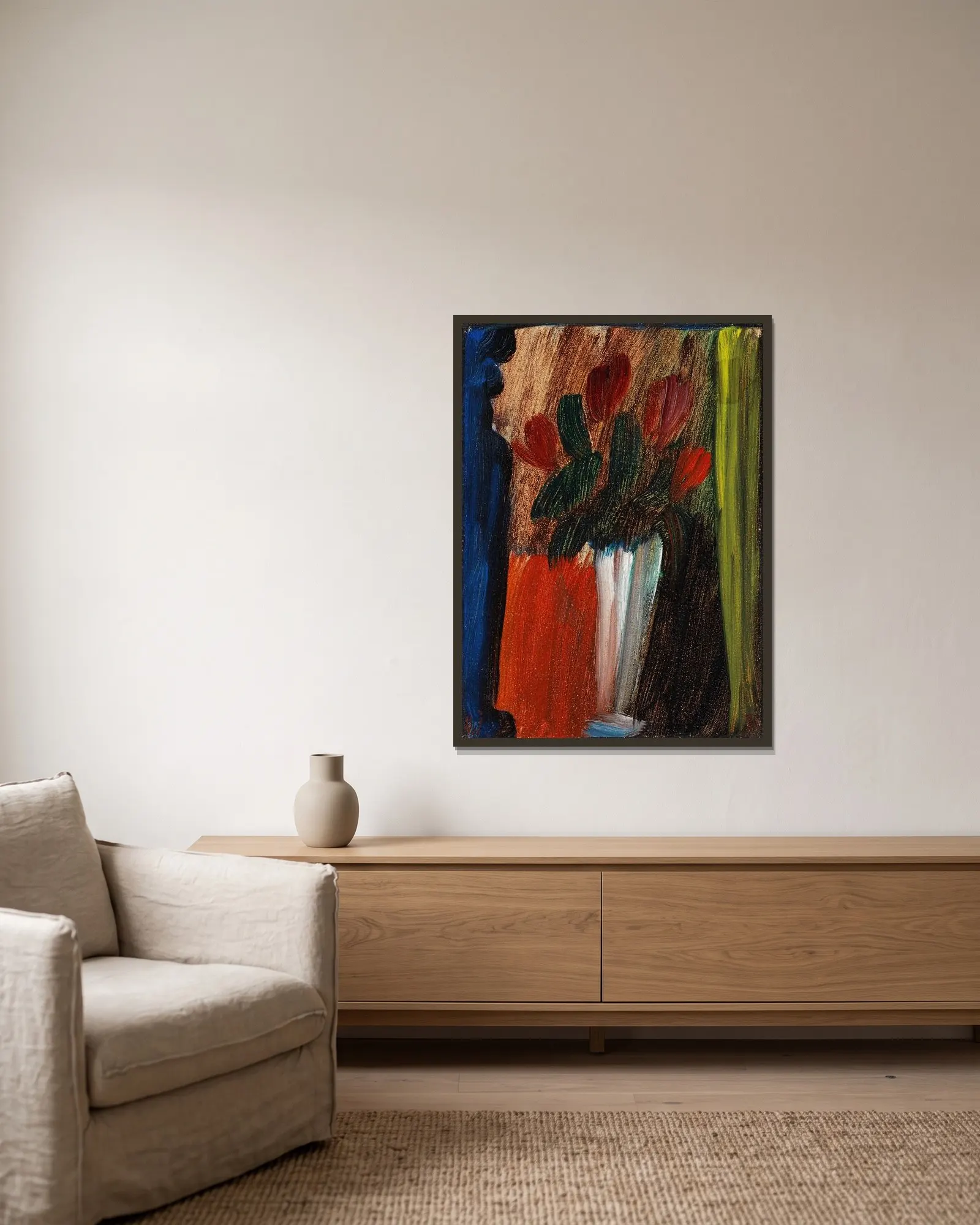 Stillleben (Blumen in weißer Vase), 1936 av Alexej von Jawlensky inramad på en vägg