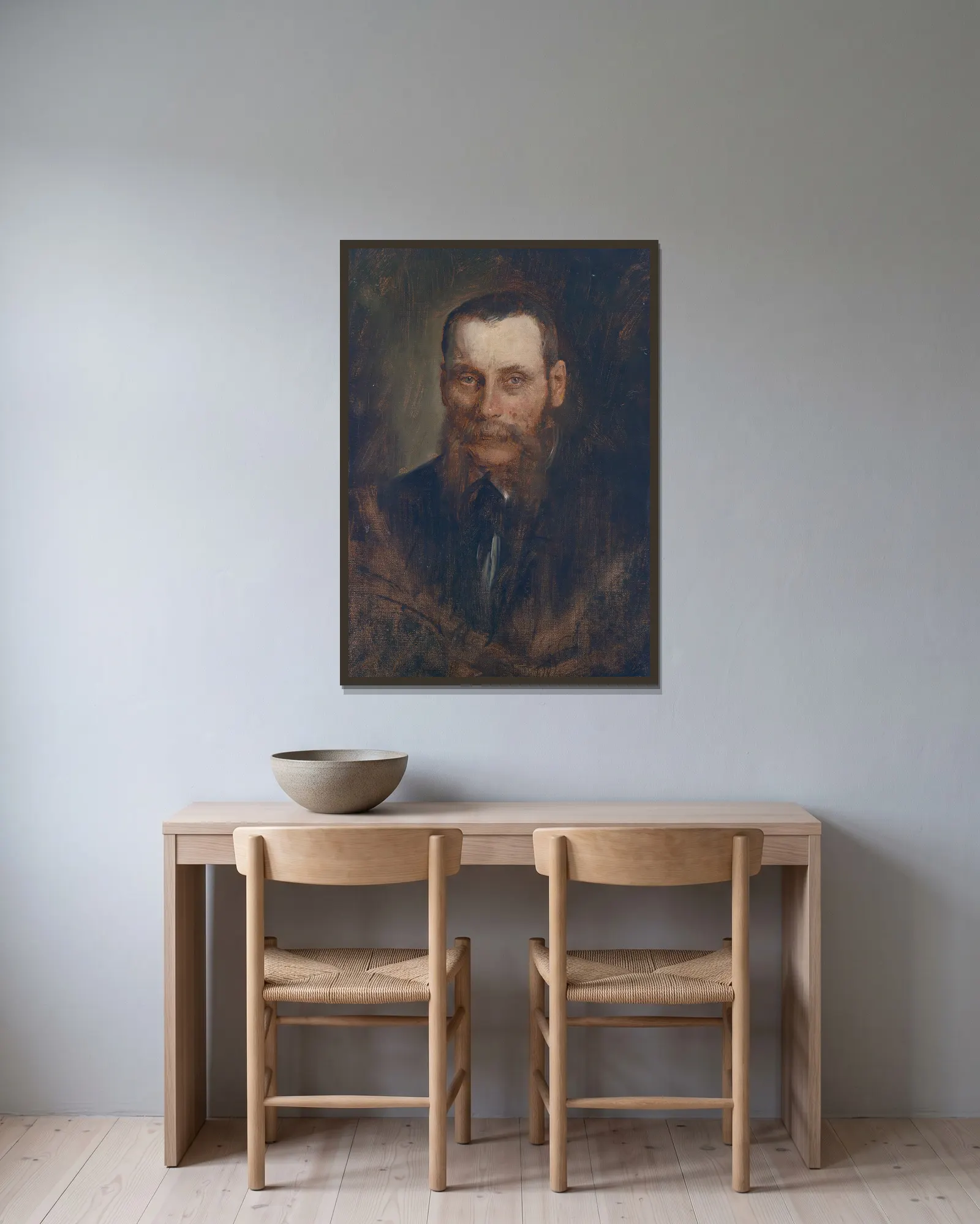 Portrait Georg Plach av Franz von Lenbach inramad på en vägg