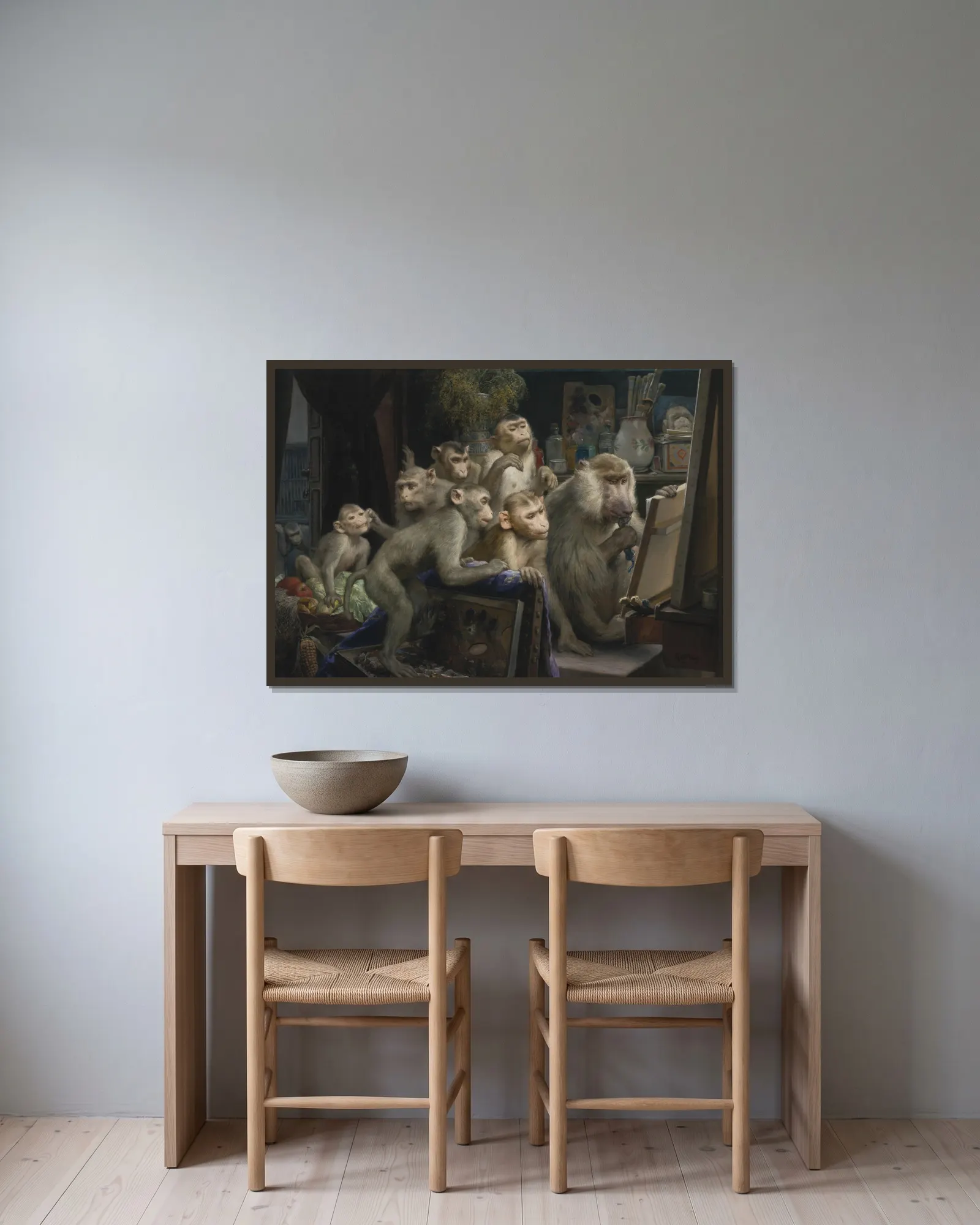 Der Atelierbesuch (A Visit to the Artist’s Studio) av Gabriel von Max inramad på en vägg