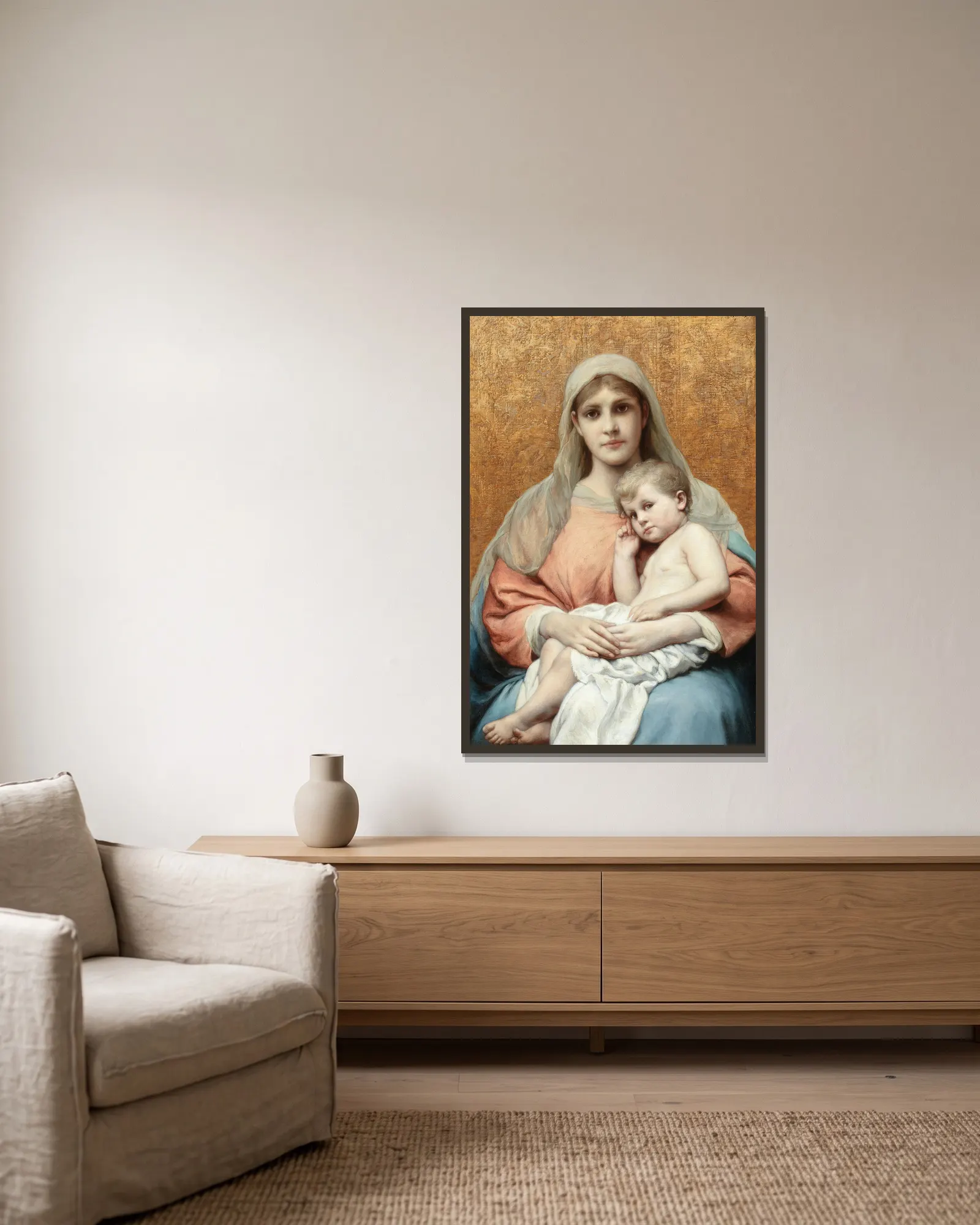 Madonna and Child av Gabriel von Max inramad på en vägg