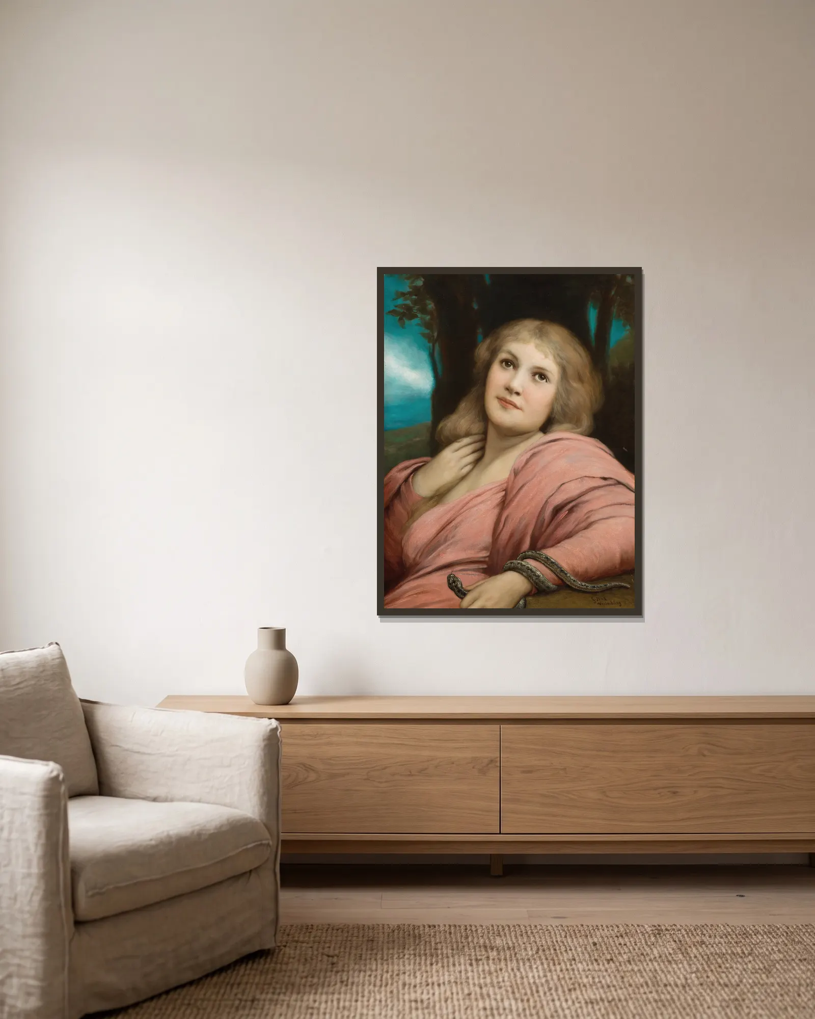 Temptation av Gabriel von Max inramad på en vägg