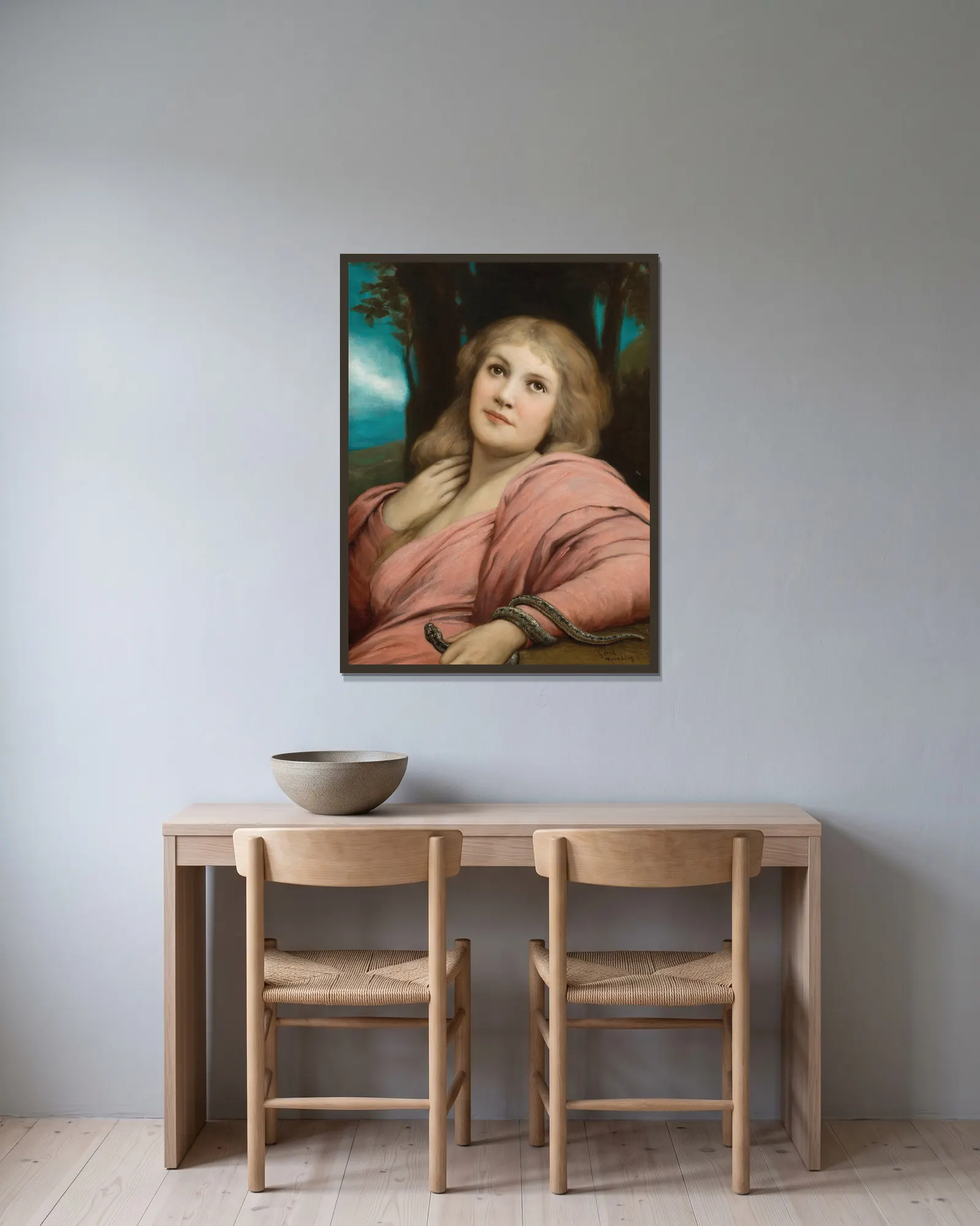 Temptation av Gabriel von Max inramad på en vägg
