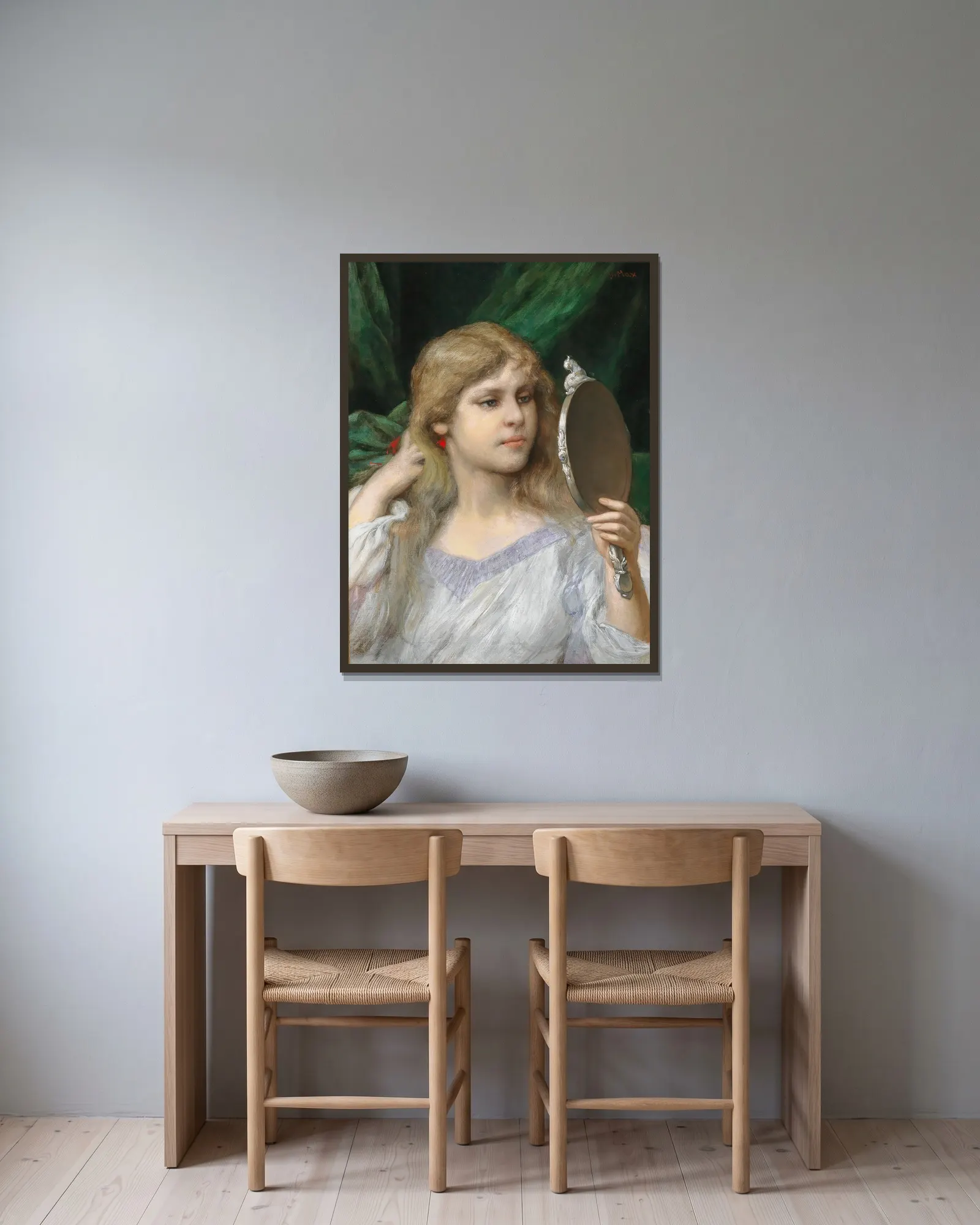 The Mirror av Gabriel von Max inramad på en vägg