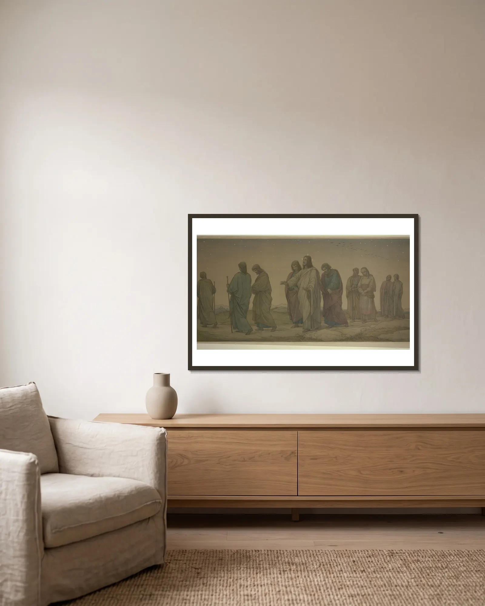 Christ walking with the disciples av Eduard von Steinle inramad på en vägg